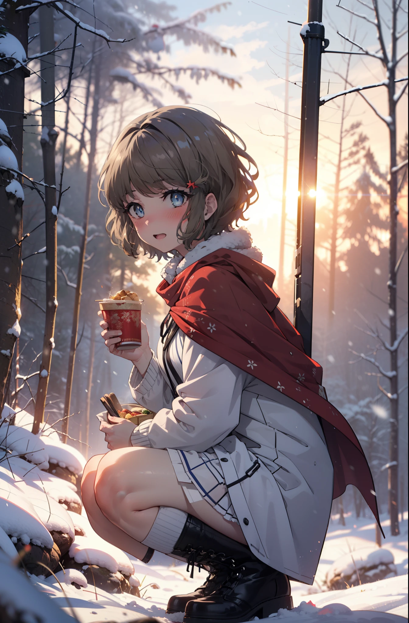 tomoekoga, Chie Koga, short hair, Brown Hair, blue eyes, hair band,smile,blush,White Breath,Mid-chest,
Open your mouth,snow,Ground bonfire, Outdoor, boots, snowing, From the side, wood, suitcase, Cape, Blurred, having meal, forest, White handbag, nature, Squat, Mouth closed, Cape, winter, Written boundary depth, Black shoes, red Cape break looking at viewer, Upper Body, whole body, break Outdoor, forest, nature, break (masterpiece:1.2), highest quality, High resolution, unity 8k wallpaper, (shape:0.8), (Beautiful and beautiful eyes:1.6), Highly detailed face, Perfect lighting, Highly detailed CG, (Perfect hands, Perfect Anatomy),
