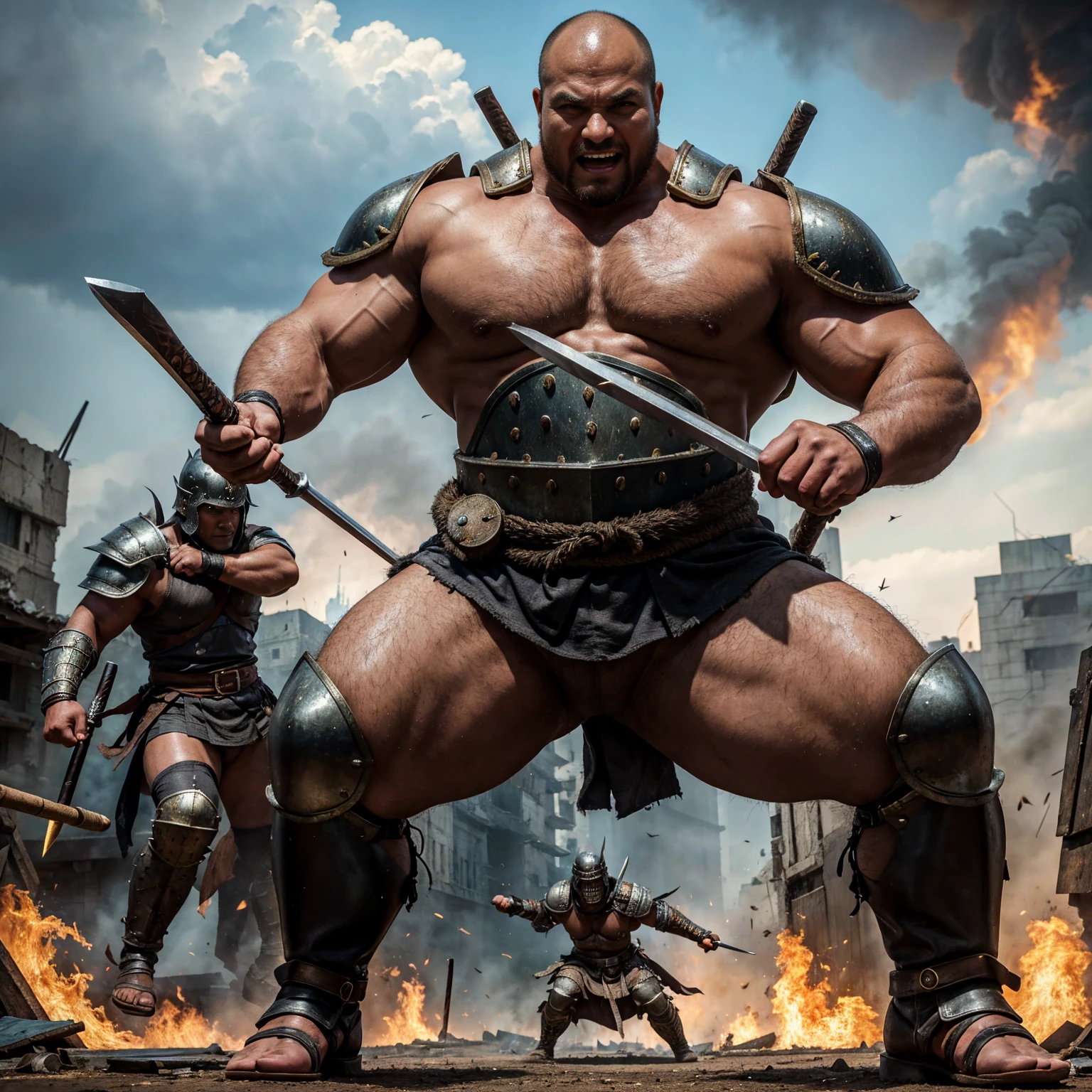 looking at us, Staring Intently, face focus, Bandit, Fat ferocious barbarian:2, This barbarian is a robust stocky Japanese, smirking, mid combat, intense battle scene, leather and iron armor, armored short skirt, holding a Viking War Axes, legs exposed from thighs to feet, fierce warriors, ancient battlefields, epic showdown, battleground background, masterpiece, volumetric lighting, Dramatic, Uighur the Warden, breathtaking action, A brutal scene, dynamic poses, bald, ((ultra sharp)), ((masterpiece)), ((best quality)), ((ultra detailed)), ((intricate details)), Inguinal region detailed, Dilapidated, breathtaking action, destroyed city after big air raids, fire, A desolate, post-apocalyptic cityscape, lets out a yell, extremely intricate details, ominous landscape,