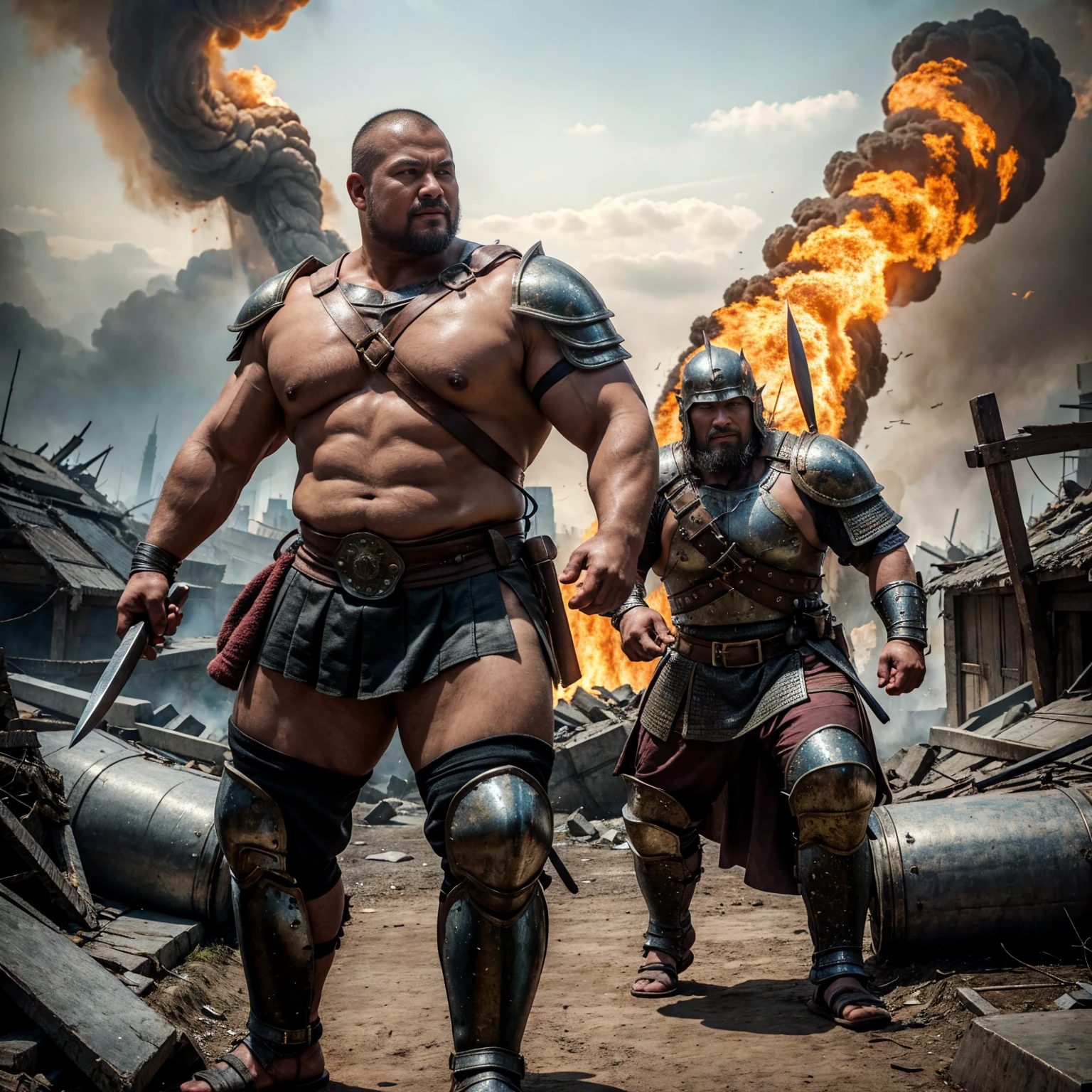 looking at us, Staring Intently, face focus, Bandit, Fat ferocious barbarian:2, This barbarian is a robust stocky Japanese, smirking, mid combat, intense battle scene, leather and iron armor, armored short skirt, holding a Viking War Axes, legs exposed from thighs to feet, fierce warriors, ancient battlefields, epic showdown, battleground background, masterpiece, volumetric lighting, Dramatic, Uighur the Warden, breathtaking action, A brutal scene, dynamic poses, bald, ((ultra sharp)), ((masterpiece)), ((best quality)), ((ultra detailed)), ((intricate details)), Inguinal region detailed, Dilapidated, breathtaking action, destroyed city after big air raids, fire, A desolate, post-apocalyptic cityscape, lets out a yell, extremely intricate details, ominous landscape,