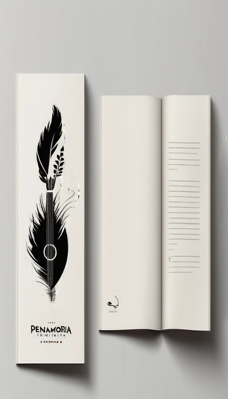 A minimal, modern, simple, cinematic logotype for the brand “Penamemoria". The logotype must be a simple, magical feather and a boy playing acoustic guitar. The logo must convey a sense of music, stories and dreams. Logo design impressed on a book cover. Minimalistic logo