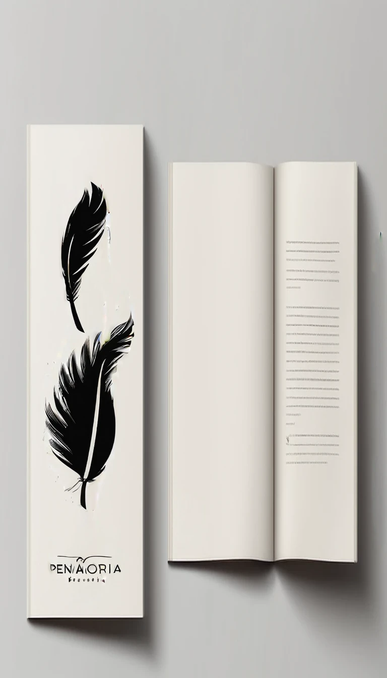 A minimal, modern, simple, cinematic logotype for the brand “Penamemoria". The logotype must be a simple, magical feather and a boy playing acoustic guitar. The logo must convey a sense of music, stories and dreams. Logo design impressed on a book cover. Minimalistic logo
