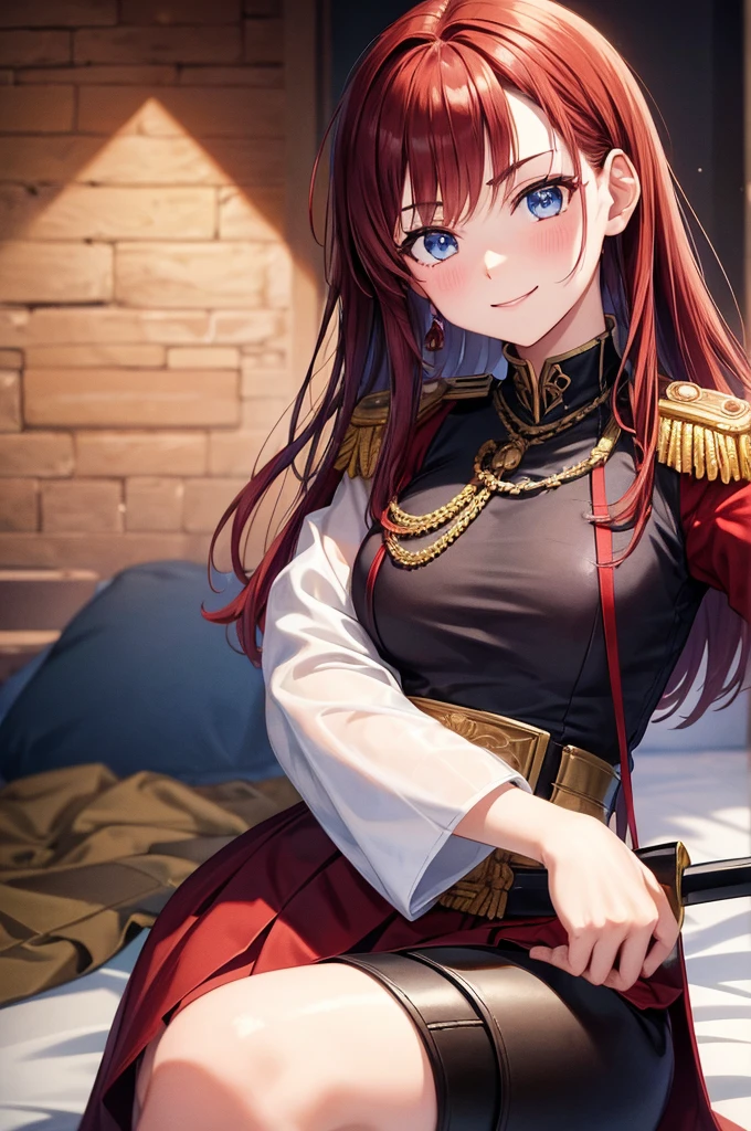 8K High Resolution、(((masterpiece)))、Anime Art、20 year old beauty、Fearless smile、Redhead short cut、167㎝、Small breasts、Blue Eyes、Imposing eyebrows、(((crimson military uniform)))、Vienna in the late 19th century、Austrian Army Officer、Silver rose ornament on chest、Beige knee-length skirt、Black boots、A Japanese sword hangs from his waist