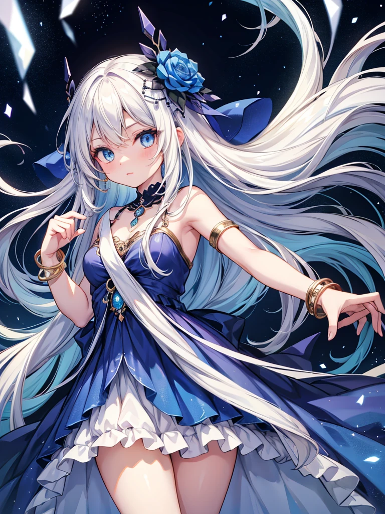 An anime girl with long white hair and dark blue eyes is wearing a dress that flows along with her movements, a bangle and a bracelet on her wrist, a veil on her head, and a bright decoration.