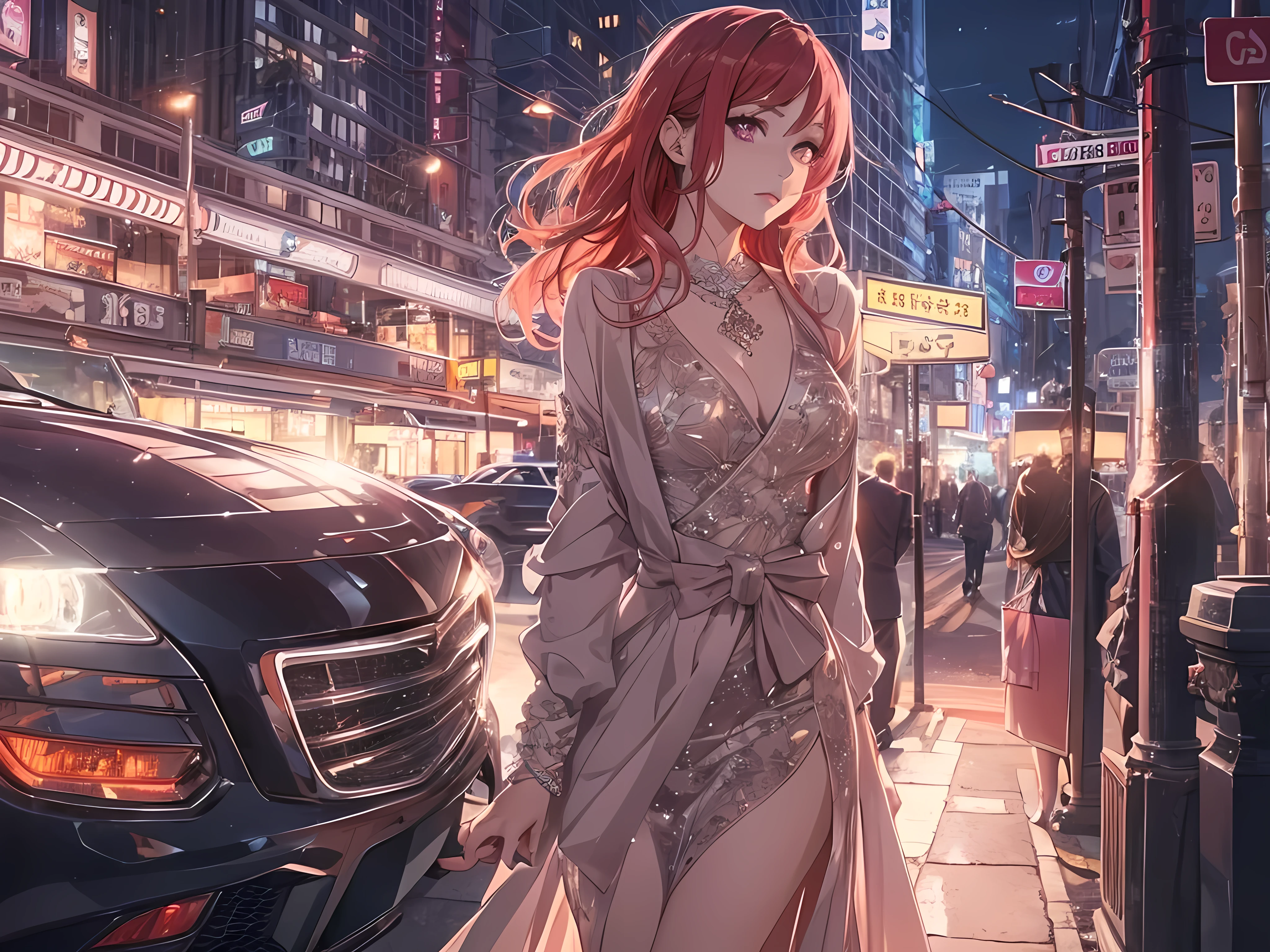 beautiful young woman, anime style, detailed face, red hair, hair down, large eyes, pink eyes, delicate features, soft lighting, wearing an elegant dress, getting out of a luxury car, back seat, luxurious atmosphere, high heels, classy outfit, confident posture, city background, night scene, streetlights, high quality, highly detailed, 8k resolution, cinematic lighting, best quality, vibrant colors, Japanese anime style, hand-drawn
