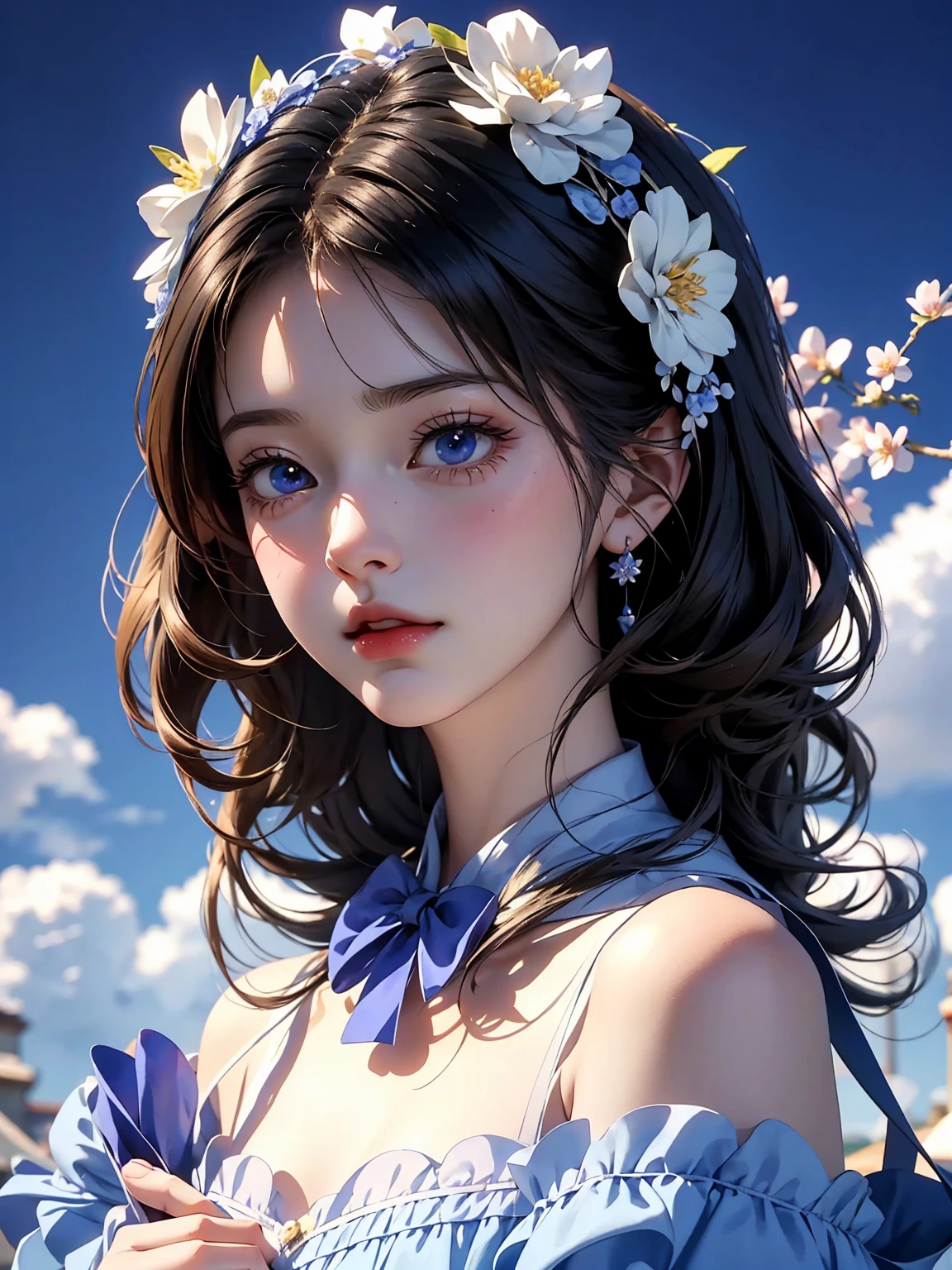 There was a girl with a basket of flowers on her head,Gorgeous and fashionable sapphire blue clothes, Realistic anime 3D style, Realistic animation girl render, 3D animation realistic, Anime styled 3d, Rendering a cute 3D anime girl, Realistic animation, surreal anime, Anime realism style, Anime style. 16K