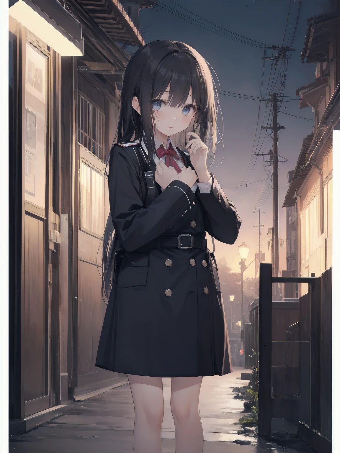 Masterpiece、high quality、high resolution、One girl、solo、uniform, Surprised expression, Standing in the park, At night,Half-body photo, Super detailed, Ultra HD、cute、A shy and shy pose、Capture your subjects at their best with photogravure settings