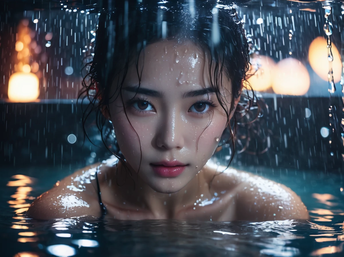 1 girl with moist skin,(Wet Hair:1.2),(fog:1.2),haze,torogao,Shiny skin,Glowing Skin,(Partially submerged in the pool:1.2),(Wet Hair:1.2),shower,Rainfall,Immerse in water,moisture,(Japanese hot springs:1.4),(Cinematic Light:1.2),Dark Night,Clear Background,Kodak Portrait 400,landscape/scenery,against backlight at dusk,Beautiful detailed water,Cowboy Shot,Very beautiful eyes,, highest quality, masterpiece, High resolution, Absurd, incredibly Absurd, Large file size, wallpaper, colorful,8k,RAW Photos