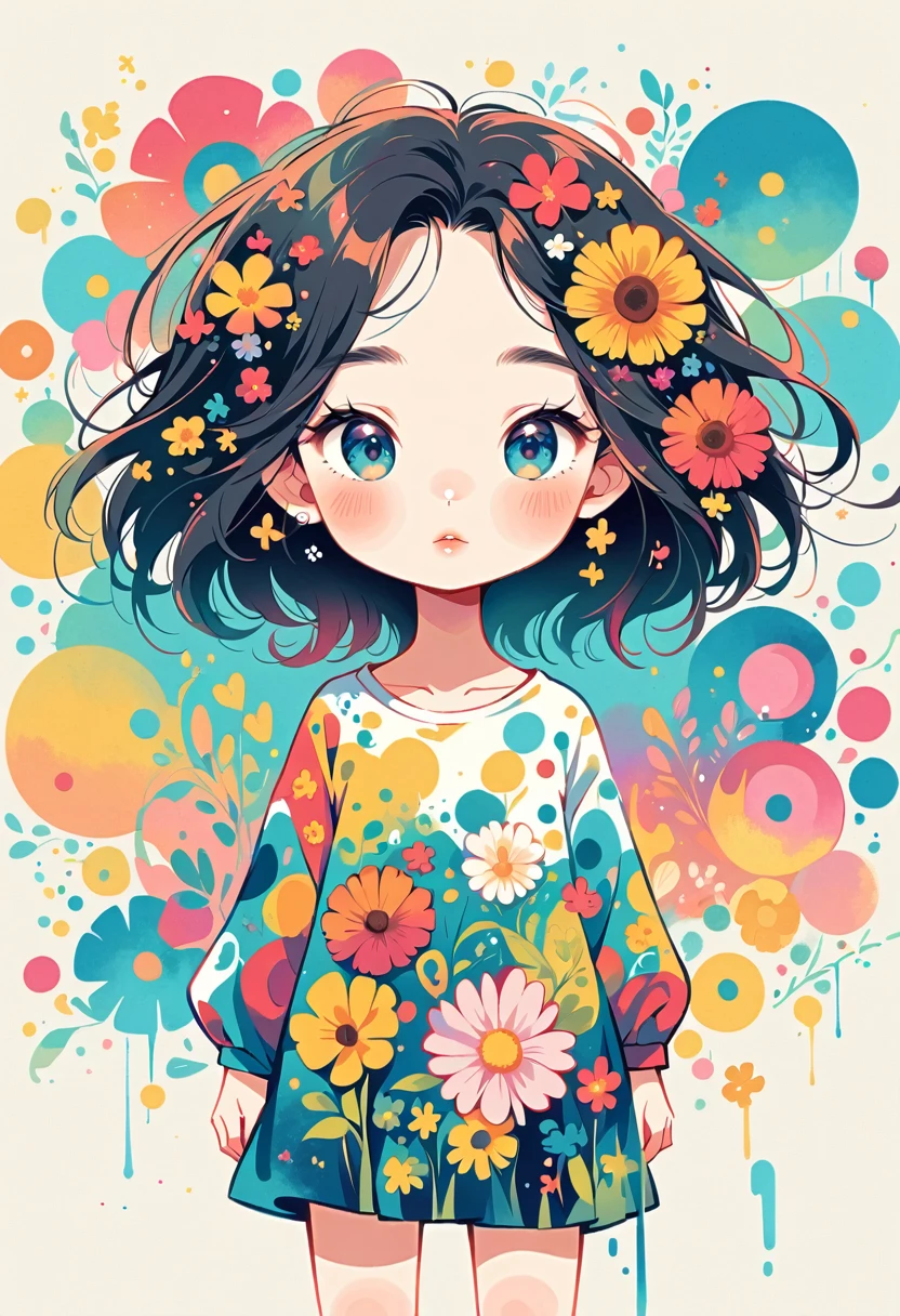 Yuusuke Nakamura style, Standing in front of a high wall,Simple Line Initialism,Abstract art,Urban Background, (((The most beautiful girl))), Lips in Love, colorful flowers