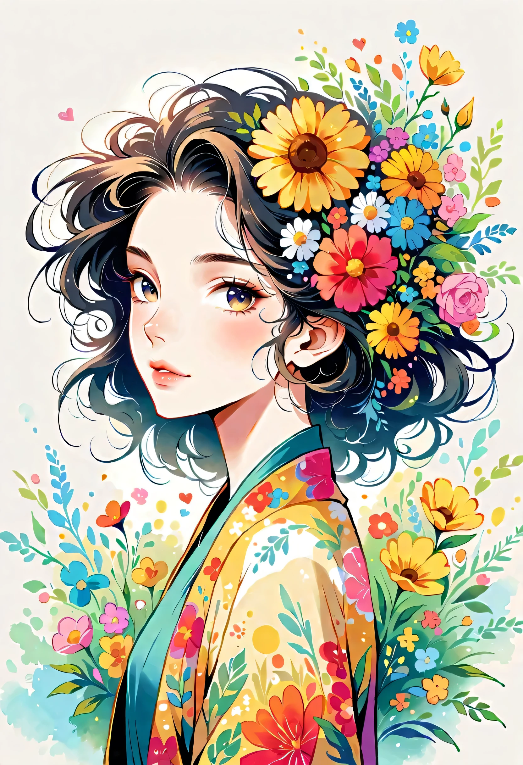 Nagato Tasuya style, The most beautiful girl of all time,Lips in Love, colorful flowers, Simple Line Initialism,Abstract art,Urban Background
