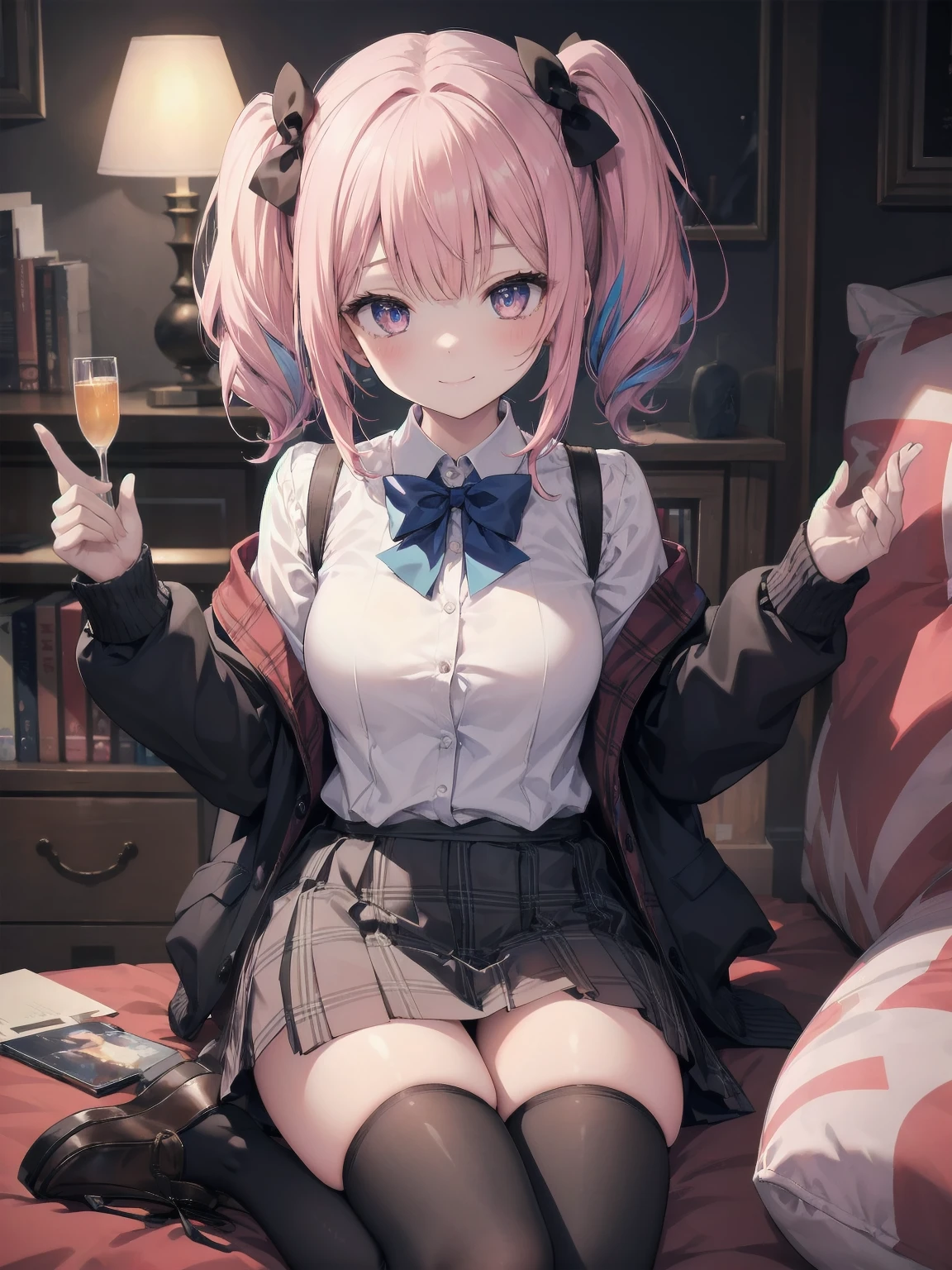 absurdres, absolutely resolution, incredibly absurdres, highres, ultra detailed, official art, unity 8k wallpaper,
BREAK
1 girl, soro, twintails, bow, cardigan vest, short sleeve shirt, plaid skirt, over black legwear, loafers, smile, Sexual girl, seducing men, colourful, bewitching eyes,