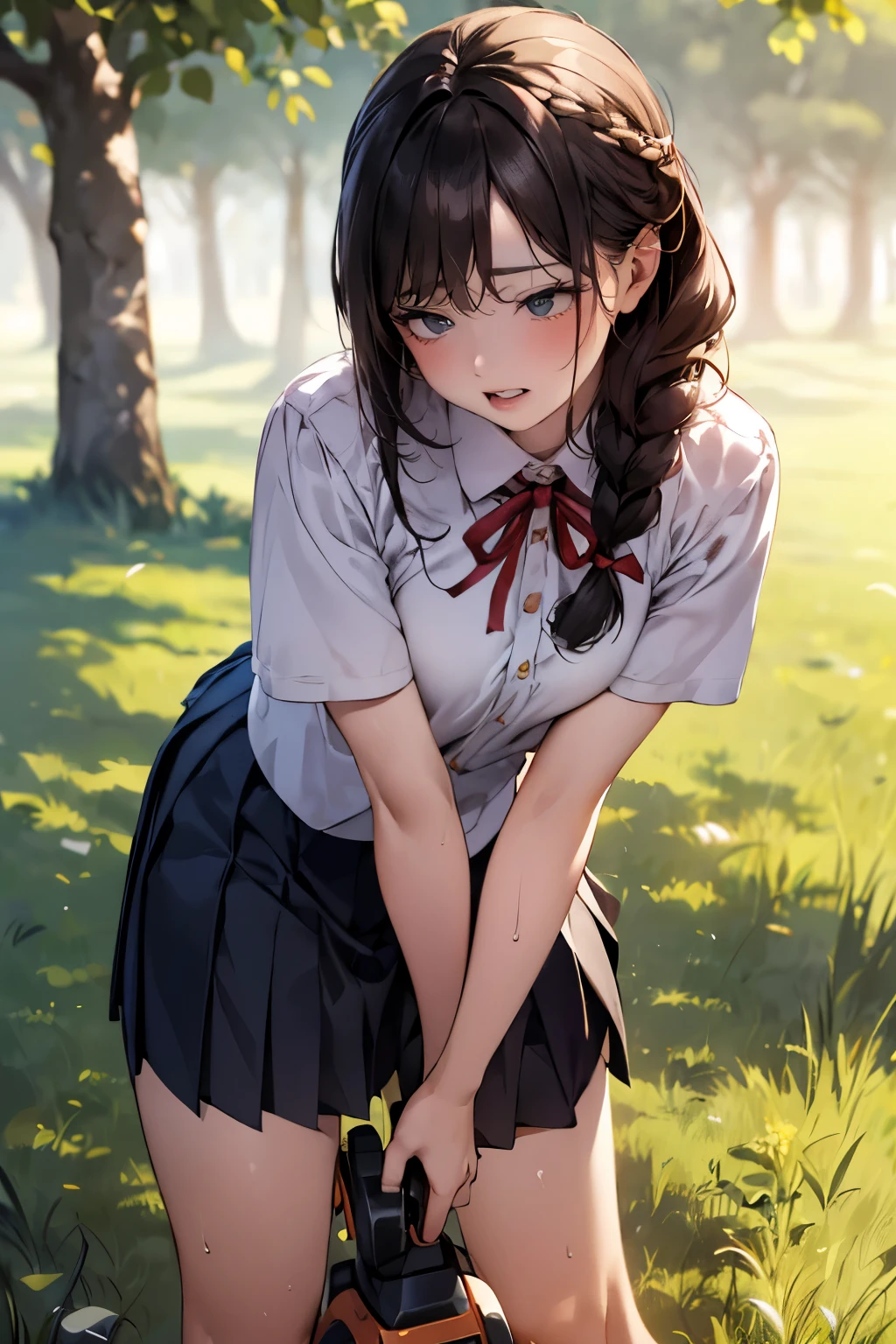 (round face), eyes with realistic sizing, drooping eyes, blush, sweat, shame, pleated skirt, ribbon, (ecstasy face, lewd girl, obsessed with playing her own genitals), (standing and straddling to hit her crotch against a vibrating grass trimmer, masturbating with complete concentration), braid,