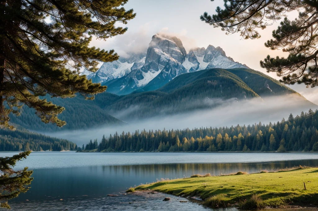 wonderfull landsape with mountains and dreaming forest, we can see a old and vintage little wood cabine close to a lake in a far. foggy, dreaming,