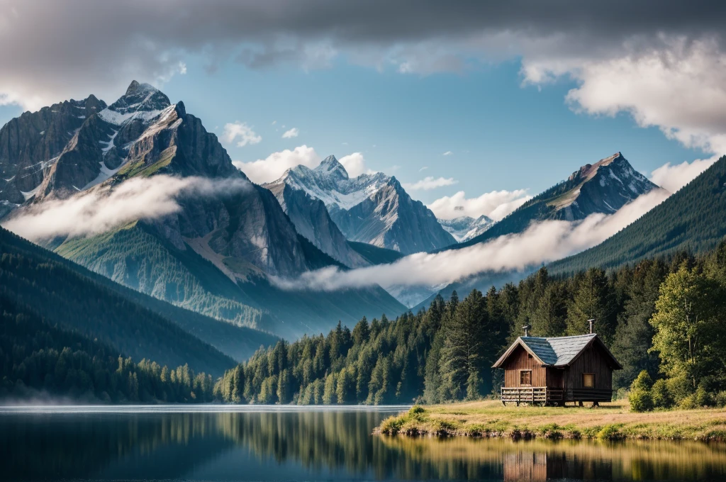 wonderfull landsape with mountains and dreaming forest, we can see a old and vintage little wood cabine close to a lake in a far. foggy, dreaming,