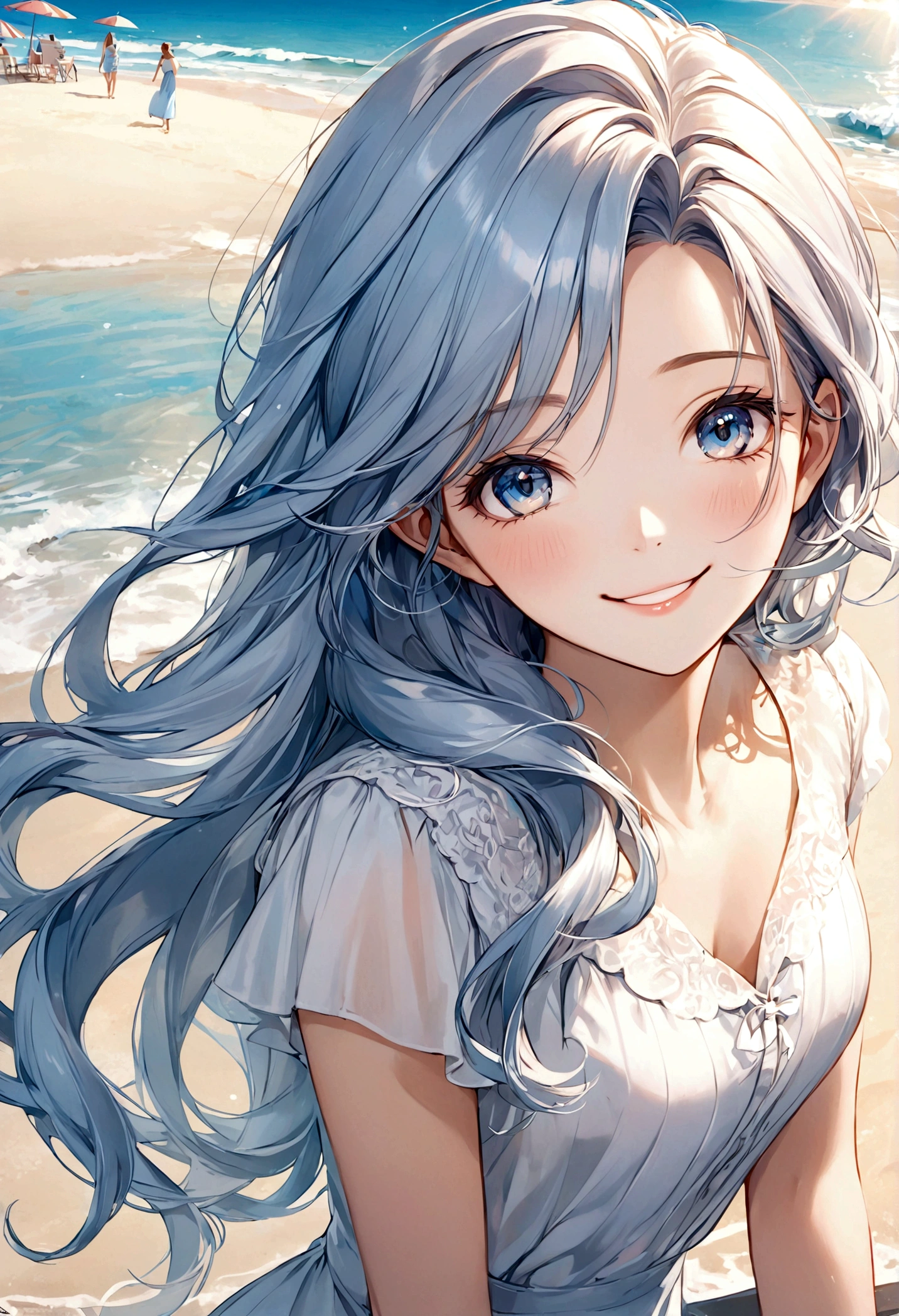 masterpiece,Ultra Detailed,Beautiful lady, Light blue long hair,Long wavy hair, beach,sunny,elegant smile, sweet smile, Relaxed expression, Fair skin