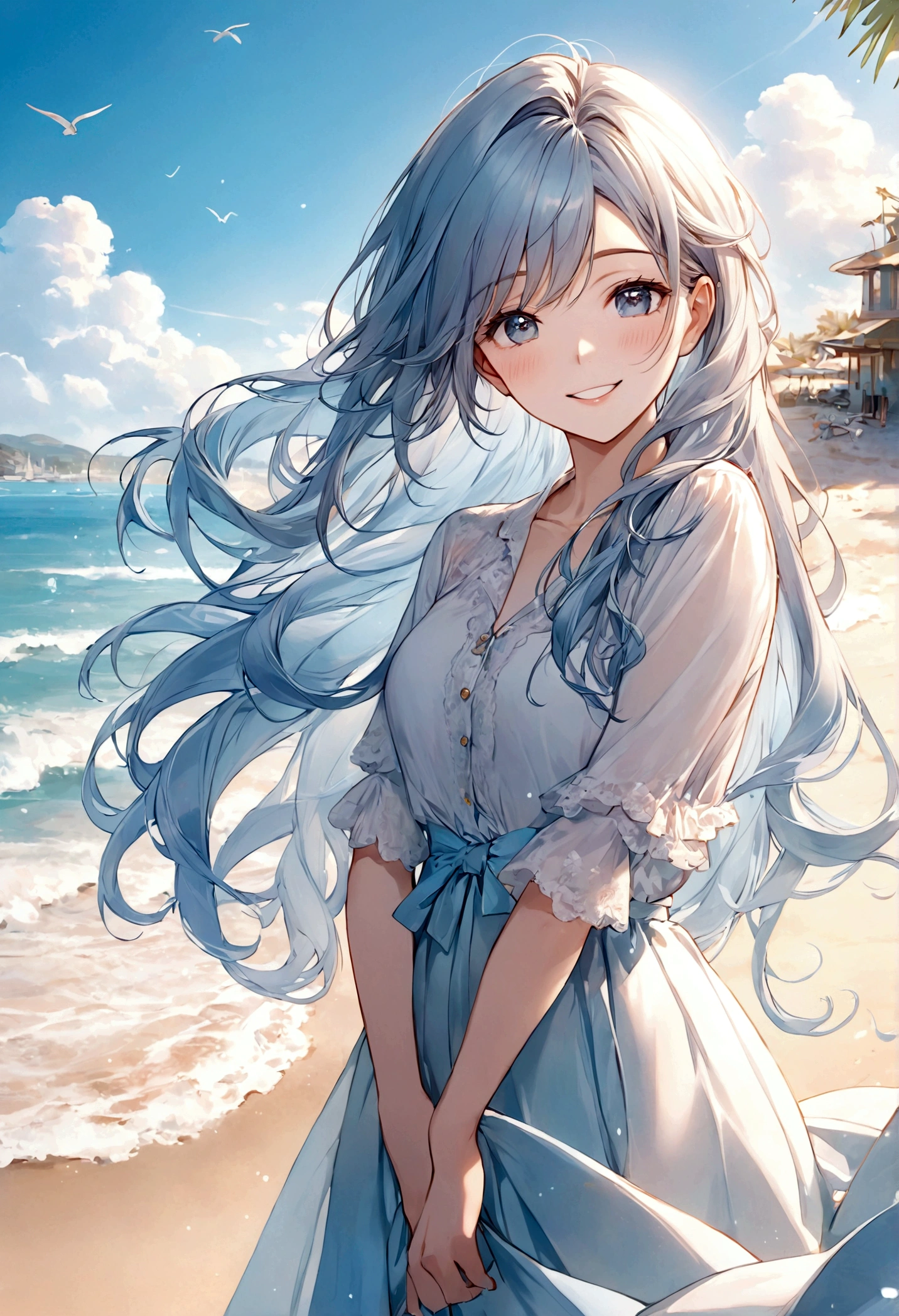 masterpiece,Ultra Detailed,Beautiful lady, Light blue long hair,Long wavy hair, beach,sunny,elegant smile, sweet smile, Relaxed expression, Fair skin