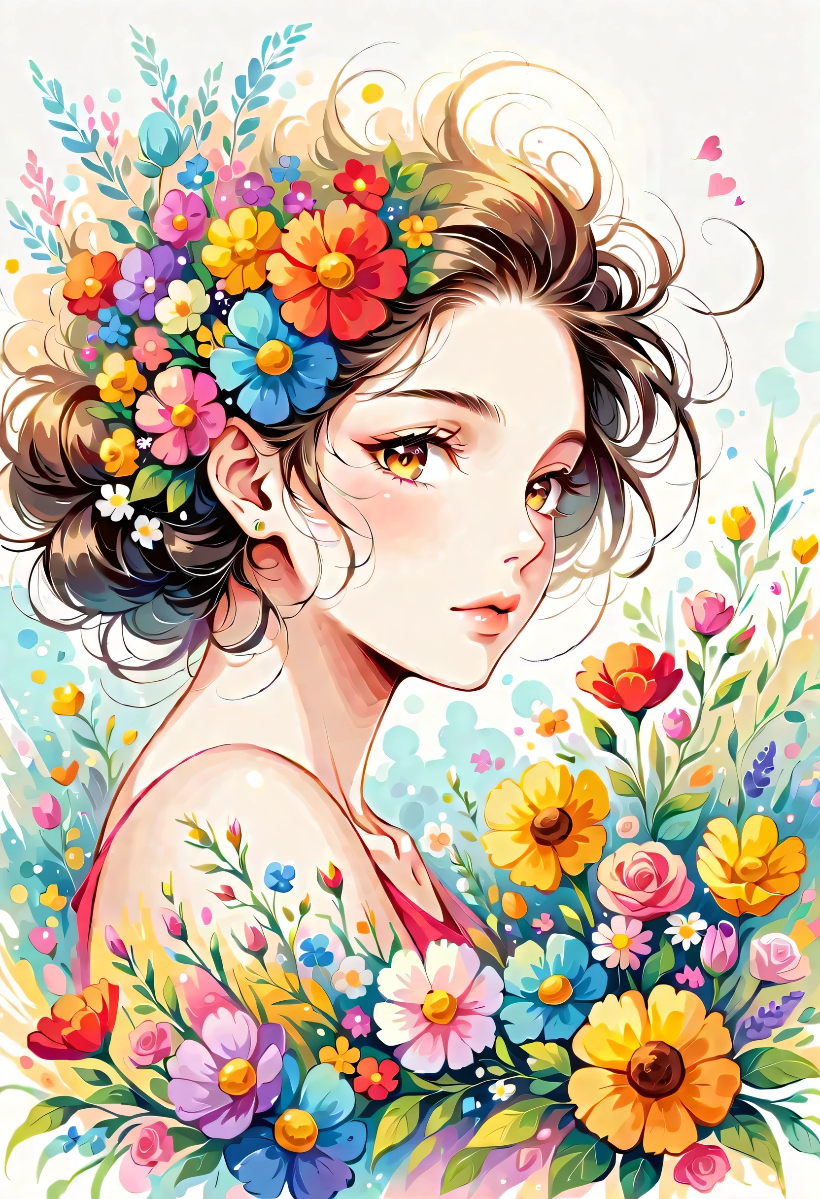 Nagato Tasuya style, The most beautiful girl of all time,Lips in Love, colorful flowers, Simple Line Initialism,Abstract art,Urban Background
