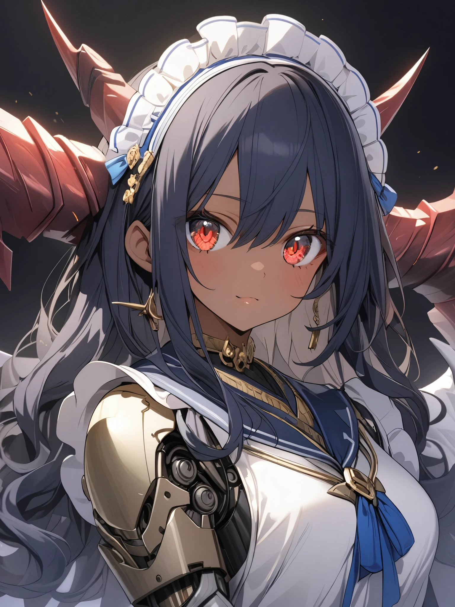 score_9, score_8_up, score_7_up, best quality ,masterpiece, 4k, Japanese anime, 1girl, (dark skin:1.2), navy blue hair, medium length hair, blue ribbon, drill hair, wavy hair, (mechanical dragonhorn:1.5), (mechanical wing:1.2), (eye lashes:1.3), (eye shadow:1.3), red eyes, (beautiful detailed eyes:1.4), porty lips, 130cm tall, original character, fantasy, (blackbackground:1.2), (full body:1.8), beautiful fingers, standing, (red black lace frill armor dress:1.5), (mechanical headdress:1.5) , shoot from front, looking at viewer ,