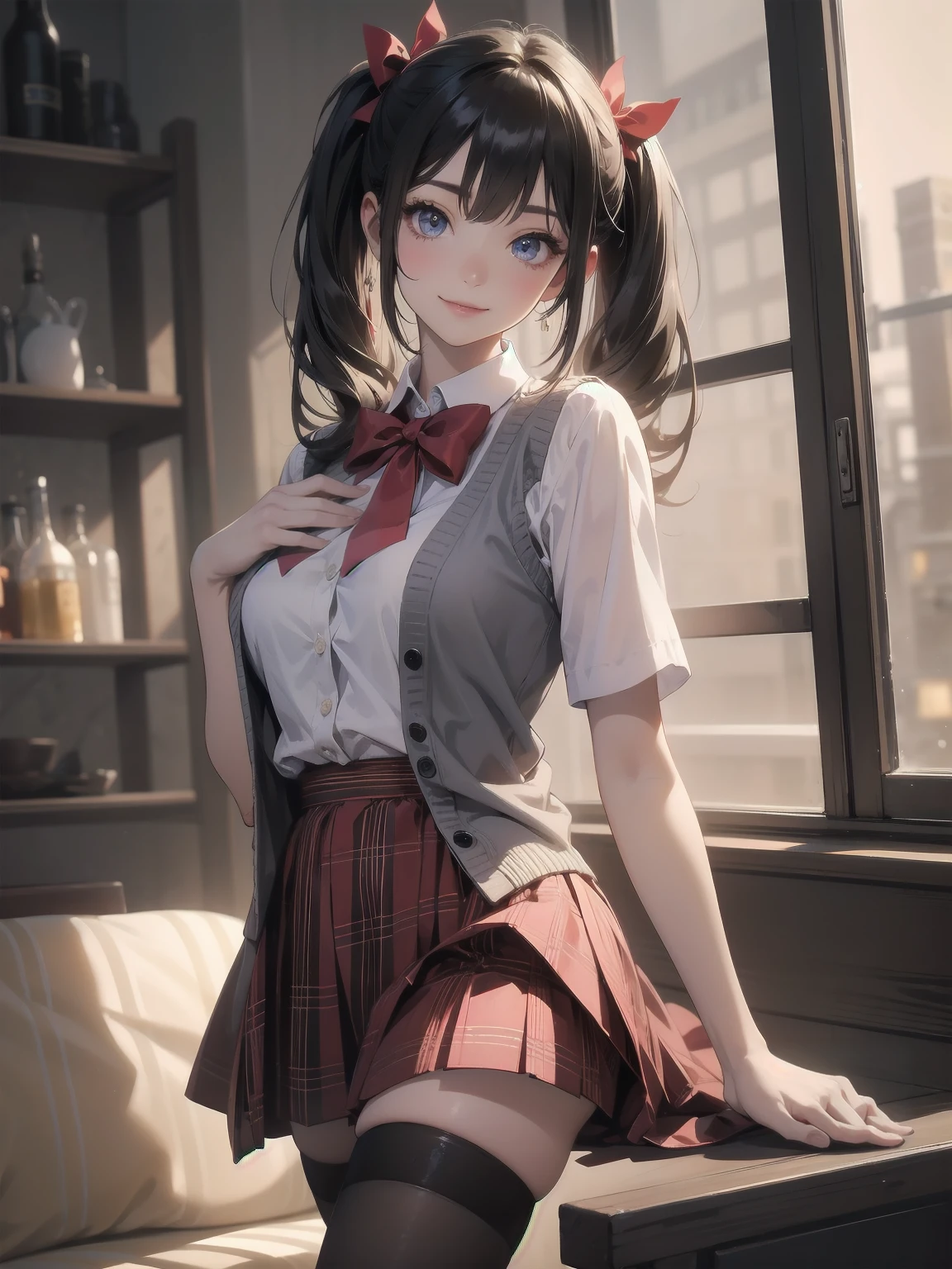 absurdres, absolutely resolution, incredibly absurdres, highres, ultra detailed, official art, unity 8k wallpaper,
BREAK
1 girl, soro, twintails, bow, cardigan vest, short sleeve shirt, plaid skirt, over black legwear, loafers, smile, Sexual girl, seducing men, colourful, bewitching eyes,