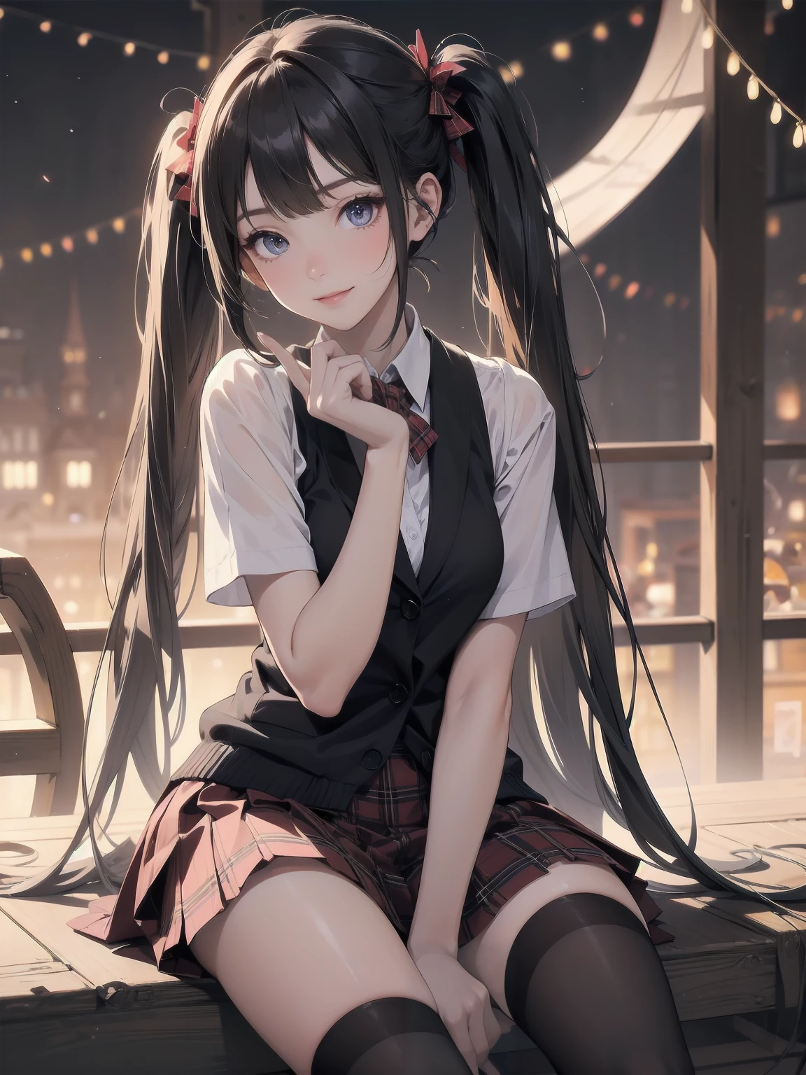 absurdres, absolutely resolution, incredibly absurdres, highres, ultra detailed, official art, unity 8k wallpaper,
BREAK
1 girl, soro, twintails, bow, cardigan vest, short sleeve shirt, plaid skirt, over black legwear, loafers, smile, Sexual girl, seducing men, colourful, bewitching eyes,