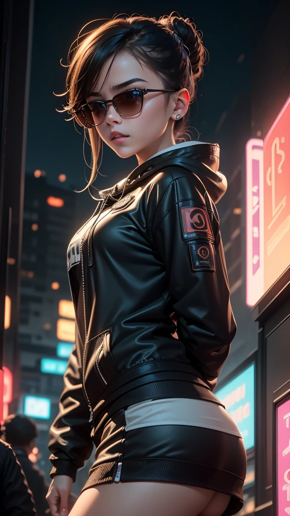 ((Best Quality)), ((Masterpiece)), (Very detailed: 1.3), 3D, NeonNoir, a close up of a beautiful cyberpunk     (((selena Gomez:Emma Watson:0.7))) (( 27 yrs old))  (holding teddy bear: 1), (wearing sunglasses: 1.2), (diamond-shaped pupils: 1.2), heart-shaped, wearing a long hooded cape, (wearing a hood: 1.2), purple neon on the monitor, colorful neon signs on the wall, street lights, (white emitting: 1.1), contemptuous eyes, Standing on the street, Sony Master lens,