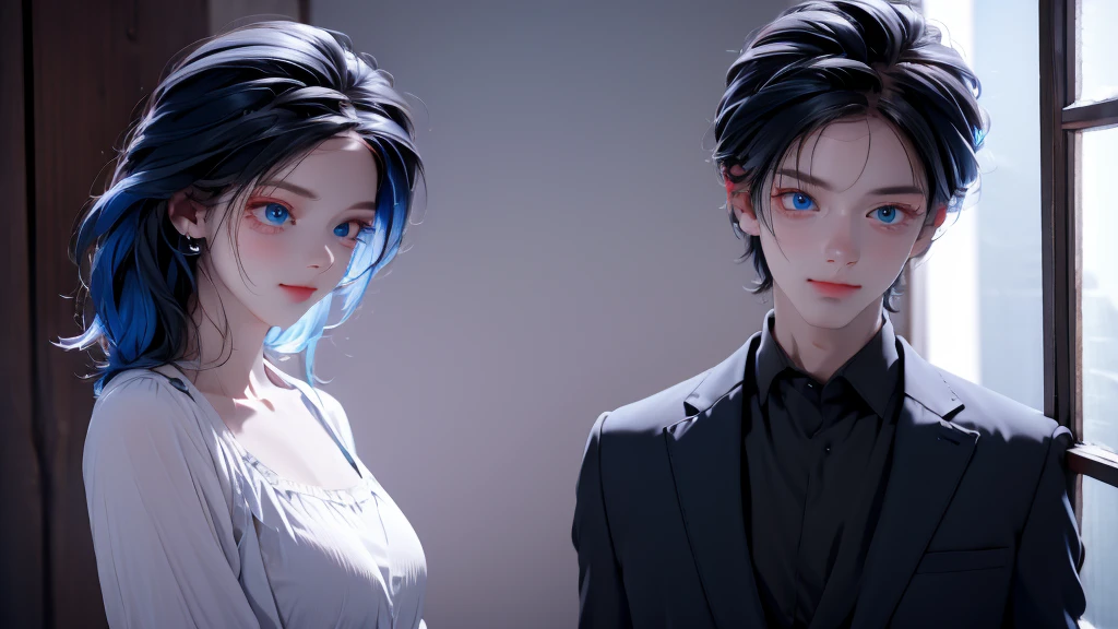 1 Boy&Girl , Boy medium light black hair, Girl medium light blue hair, light blue eyes, wearing black suit, night city, 18+ , high res, ultrasharp, 8K, masterpiece, looking from behind