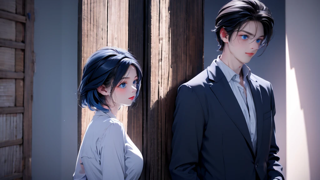 1 Boy&Girl , Boy medium light black hair, Girl medium light blue hair, light blue eyes, wearing black suit, night city, 18+ , high res, ultrasharp, 8K, masterpiece, looking from behind
