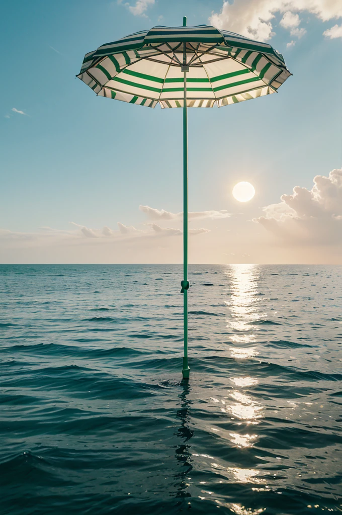 giant striped green and white sun umbrella floating on the sea