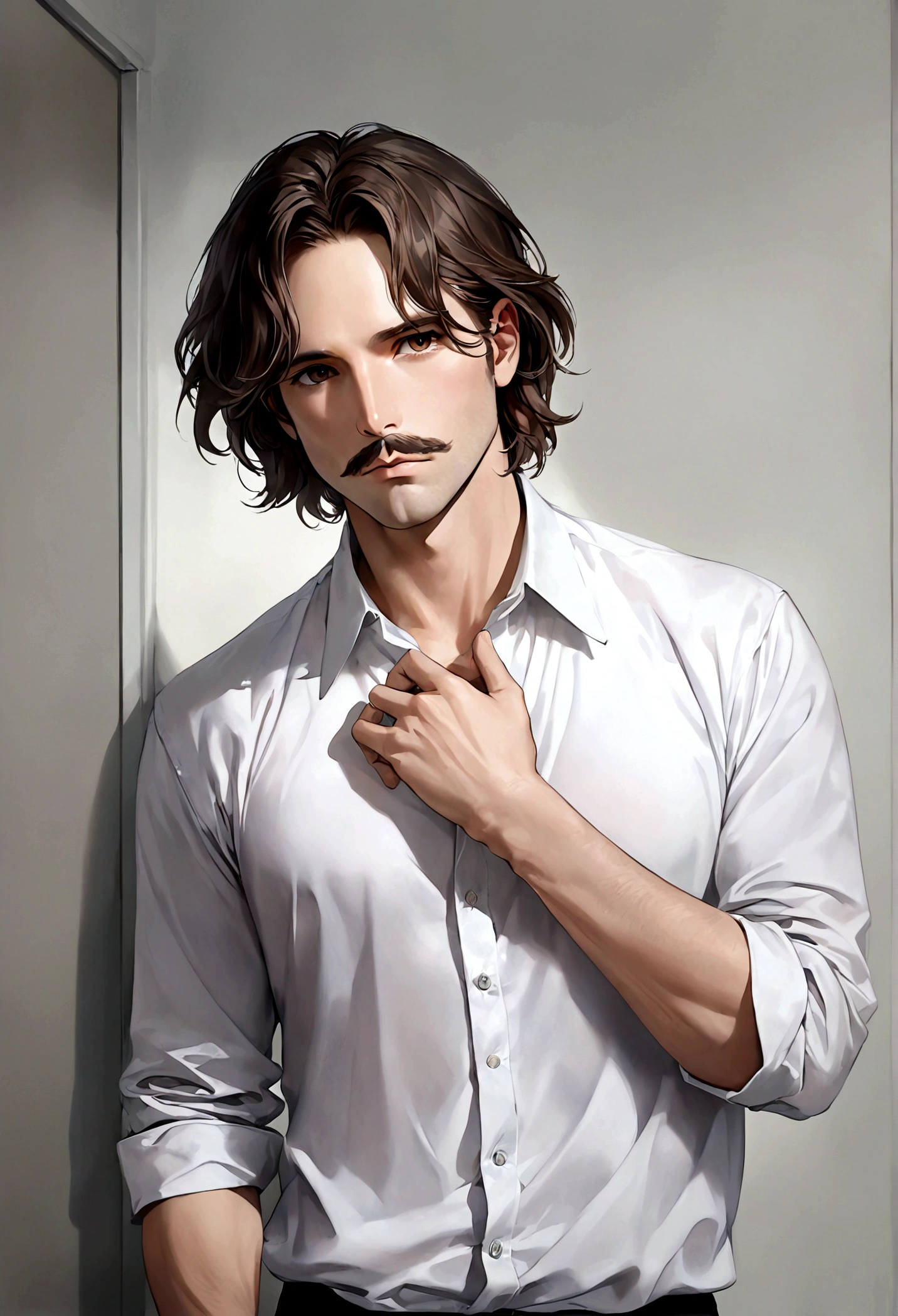 (traje de etiqueta para hombre), ), ((bigote estilo Van Dyke y (barba de chivo) "Van Dyke", Van Dyke beard)), (light brown eyes), Aspecto atractivo y serio, cabello largo oscuro, messy hair, Elegante y con estilo, Camiseta de cuerpo fuerte , Un hombre similar al actor Jim Morrison, (Imagen realista y de alta calidad), Apartamento escandinavo en el fondo simple de un cuarto, ((La mejor calidad, 8K, obra maestra).((pose dinamica))