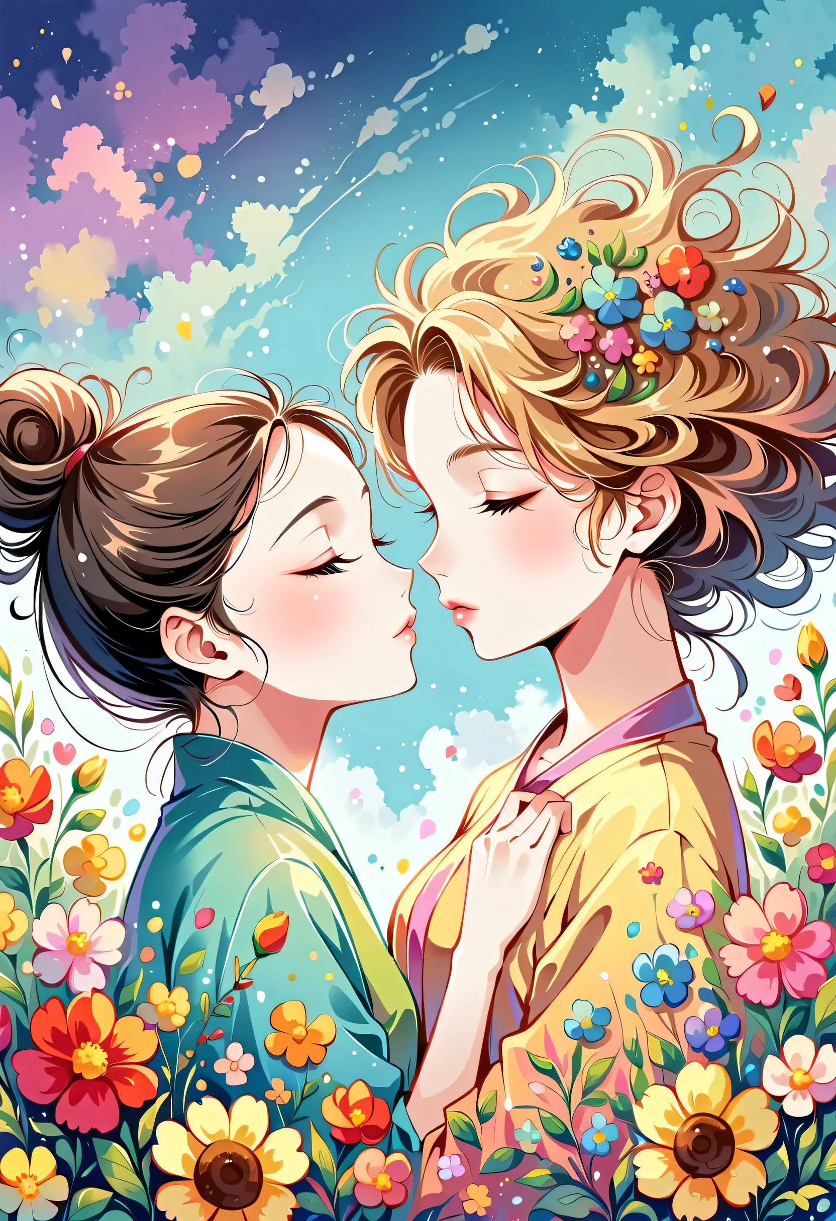 Nagato Tasuya style, The most beautiful girl of all time,Lips in Love, colorful flowers, Simple Line Initialism,Abstract art,Urban Background