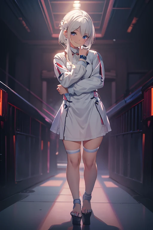 CG, Unity, 8k, wallpaper, highest quality, masterpiece, One girl, Cheerful girl, 17 years old, (Bright smile: 1.2), barefoot, Best lighting, Complex pupil, Complex weaving,Low - Angle,White Hair,Hair covering one eye,whole body,((White background))