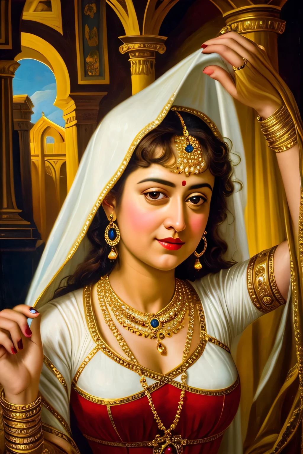 Looks like Anushka Shetty, Masterpiece, Best quality, high clarity eyes, beautifully styled hair, critically flawless,sharp picture, Full portrait, High pixels, perfect face, perfect eyes, beautiful face, perfect hands,perfect fingers, in Peter Paul Rubens style, by Peter Paul Rubens, baroque style, acrylic on canvas, highly detailed, description: "Create a nymph inspired by the tales of Greek or Roman mythology, embodying the essence of a natural element or location, and possessing a unique ability or trait that sets her apart."Red shiny jwellery