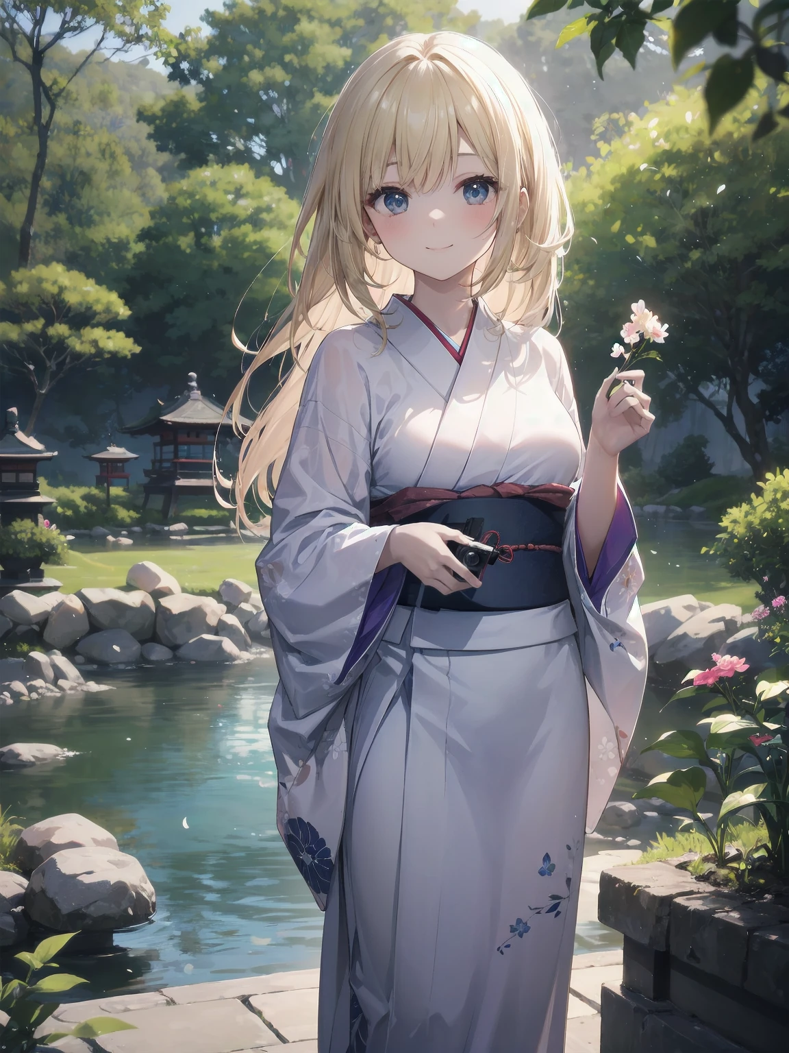 Subject: pretty beautiful girl
Subtitle: {Long, straight blonde hair}{Japanese-style yukata}{Posing picking flowers}{Japanese garden}{Smiling demurely}{Mirrorless camera, f/1.8, 1/400 sec, ISO 800, soft focus effect}
A beautiful girl with long, straight blonde hair stands in a quiet Japanese garden. She is wearing a beautiful Japanese yukata and is elegantly picking flowers. Her modest smile enhances her elegance and makes for a memorable scene. In the background is a lush green Japanese garden, which gives the scene a traditional beauty. The photo was taken with a mirrorless camera at f/1.8 aperture, shutter speed 1/400 sec, ISO 800, and the soft-focus effect adds to the soft, magical atmosphere.