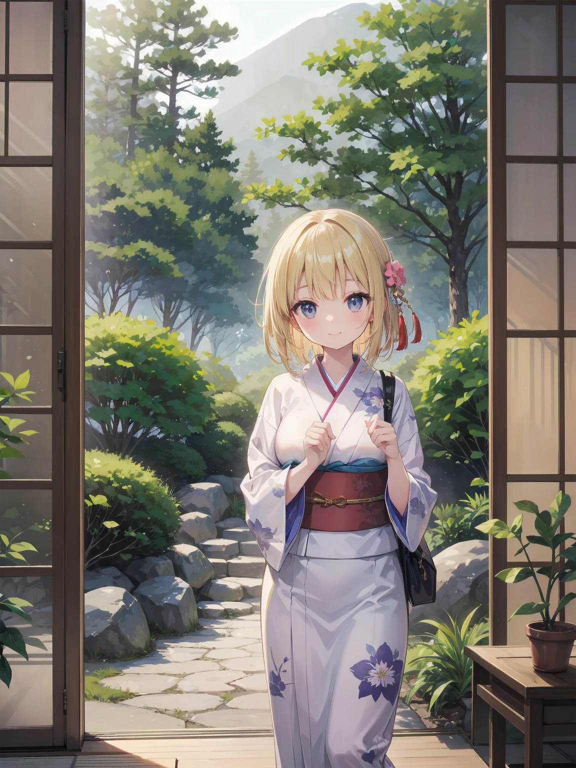 Subject: pretty beautiful girl
Subtitle: {Long, straight blonde hair}{Japanese-style yukata}{Posing picking flowers}{Japanese garden}{Smiling demurely}{Mirrorless camera, f/1.8, 1/400 sec, ISO 800, soft focus effect}
A beautiful girl with long, straight blonde hair stands in a quiet Japanese garden. She is wearing a beautiful Japanese yukata and is elegantly picking flowers. Her modest smile enhances her elegance and makes for a memorable scene. In the background is a lush green Japanese garden, which gives the scene a traditional beauty. The photo was taken with a mirrorless camera at f/1.8 aperture, shutter speed 1/400 sec, ISO 800, and the soft-focus effect adds to the soft, magical atmosphere.