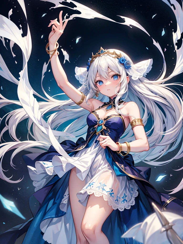 An anime girl with long white hair and dark blue eyes is wearing a dress that flows along with her movements, a bangle and a bracelet on her wrist, a veil on her head, and a bright decoration.