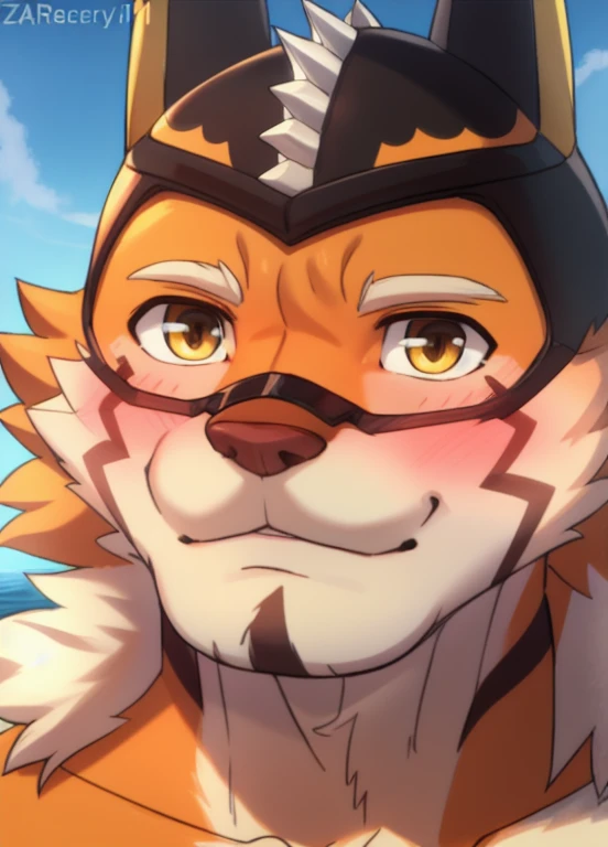 ryekie, solo, (soft shading), 4k, hi res, (detailed face, detailed eyes, detailed), ((full body)), by zackarry911, by zaush, (by personalami:0.5), looking at viewer, blush, short hair, 1boy, upper body, male focus, solo focus, bodysuit, skin tight, orange bodysuit, covered abs, (portrait), (close up:1.3), (face close up)