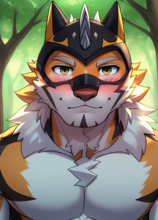 ryekie, solo, (soft shading), 4k, hi res, (detailed face, detailed eyes, detailed), ((full body)), by zackarry911, by zaush, (by personalami:0.5), looking at viewer, blush, short hair, 1boy, upper body, male focus, solo focus, bodysuit, skin tight, orange bodysuit, covered abs, (portrait), (close up:1.3), (face close up)