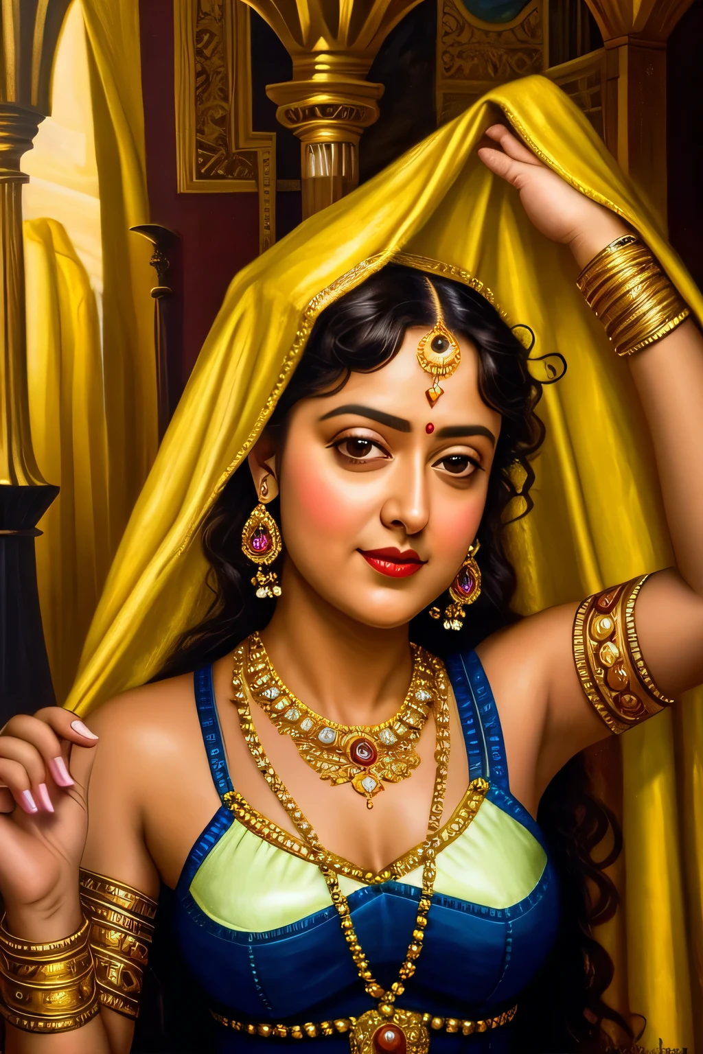 Looks like Anushka Shetty, Masterpiece, Best quality, high clarity eyes, beautifully styled hair, critically flawless,sharp picture, Full portrait, High pixels, perfect face, perfect eyes, beautiful face, perfect hands,perfect fingers, in Peter Paul Rubens style, by Peter Paul Rubens, baroque style, acrylic on canvas, highly detailed, description: "Create a nymph inspired by the tales of Greek or Roman mythology, embodying the essence of a natural element or location, and possessing a unique ability or trait that sets her apart."Red shiny jwellery 