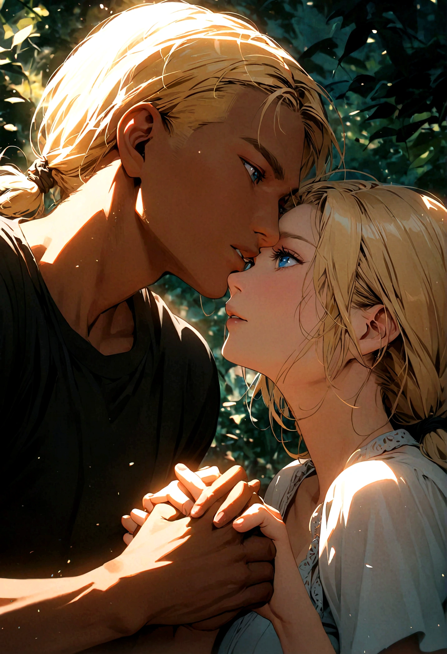 Couple of a man with tan skin and blond skinhead hair and a white woman with blond hair tied up, blue eyes, and big breasts holding hands in the middle of a missing man in the middle of the day.