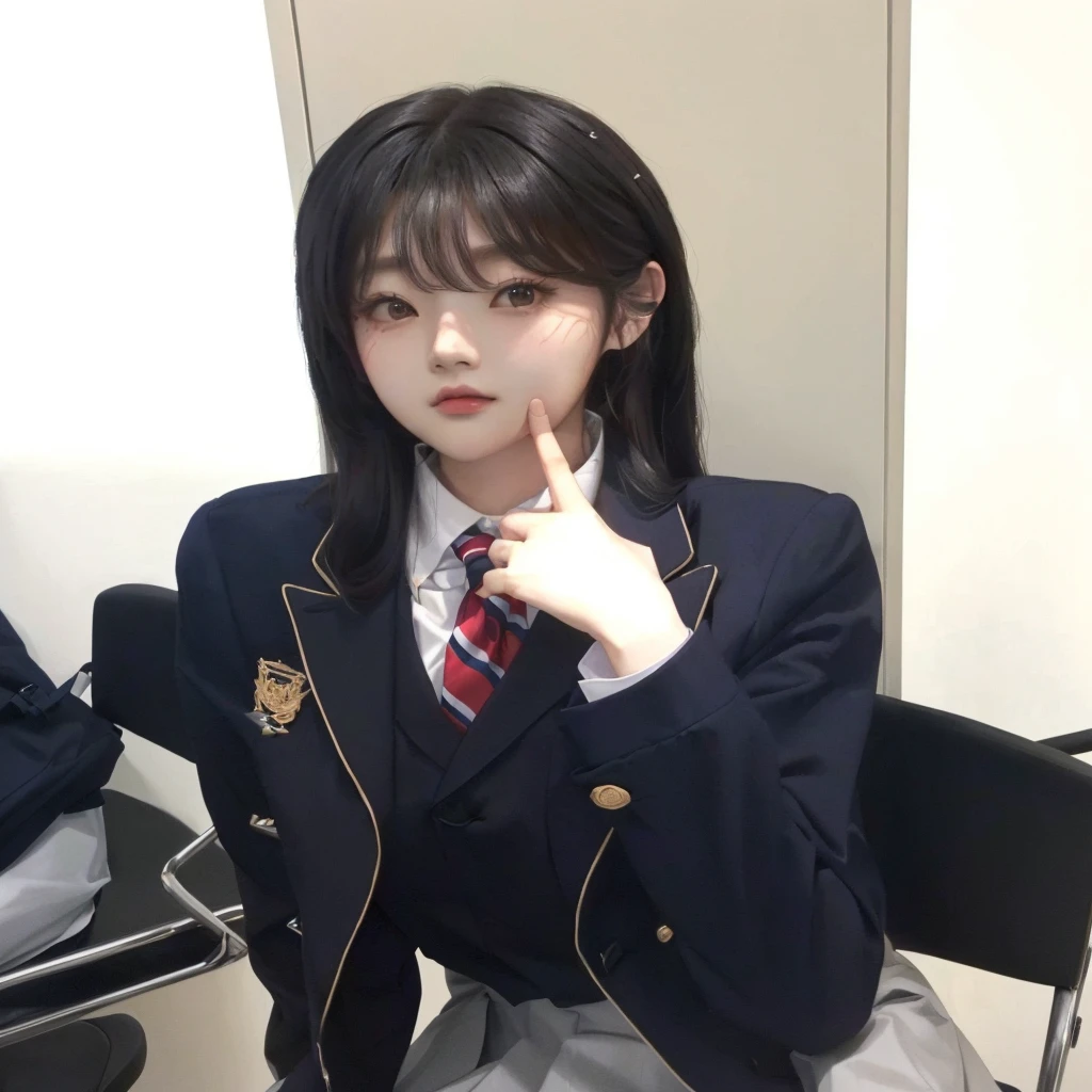 there is a woman sitting in a chair with a tie on, seifuku, jaeyeon nam, jk uniform, shikamimi, tzuyu from twice, chiho, jinyoung shin, ulzzang, sakimichan, lee ji-eun, lee ji - eun, korean idol, shiori teshirogi, junko enoshima