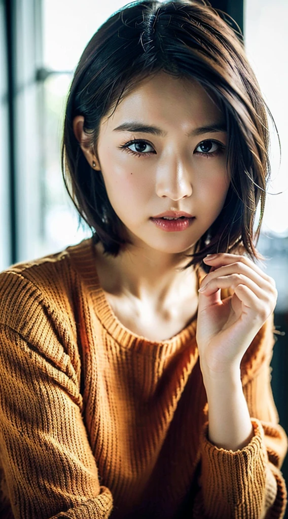(masterpiece:1.3), (8k, photorealistic, RAW photo, best quality: 1.4), (1girl), beautiful face, (realistic face), (black hair, short hair:1.3), beautiful hairstyle, realistic eyes, beautiful detailed eyes, (realistic skin), beautiful skin, (sweater), absurdres, attractive, ultra high res, ultra realistic, highly detailed, golden ratio