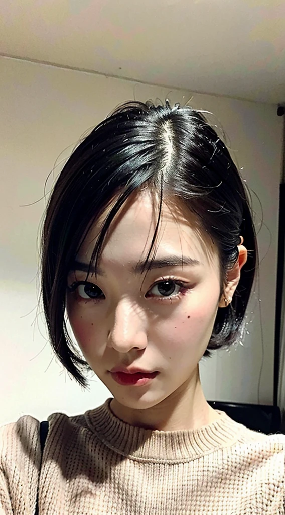 (masterpiece:1.3), (8k, photorealistic, RAW photo, best quality: 1.4), (1girl), beautiful face, (realistic face), (black hair, short hair:1.3), beautiful hairstyle, realistic eyes, beautiful detailed eyes, (realistic skin), beautiful skin, (sweater), absurdres, attractive, ultra high res, ultra realistic, highly detailed, golden ratio