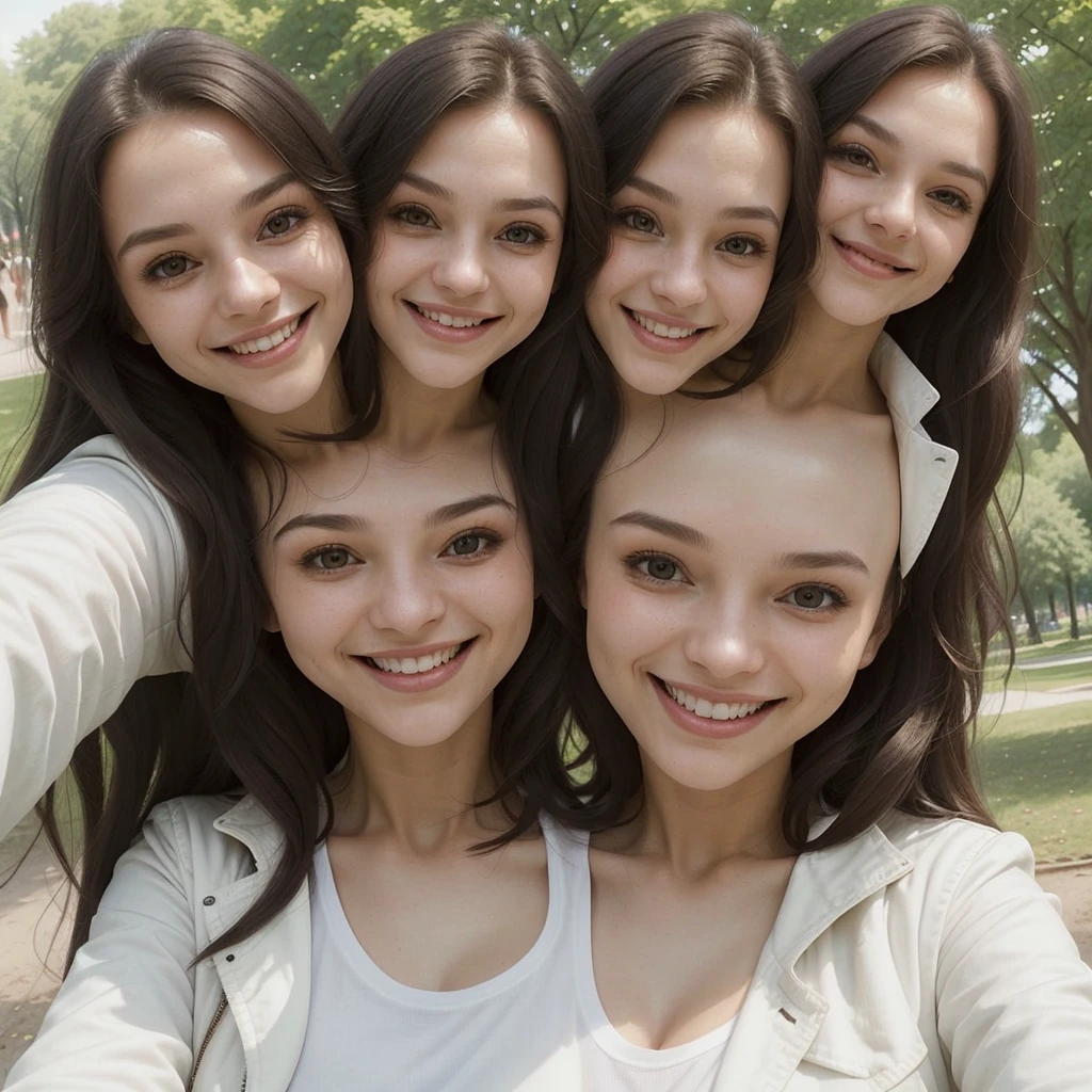 selfie of gorgeous woman in a park,smile,white t-shirt,jacket,conjoined_dicephalus,(two heads:1.5),