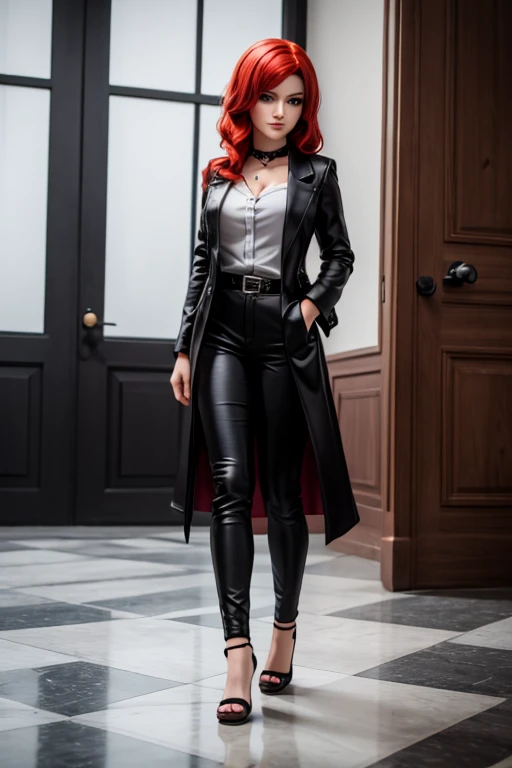 1 garota,38 anos de idade , red hair , black bell-bottom pants, white blouse, black jacket, black high-heeled sandals, gothic makeup, recorte decote, Obra de arte, realista, high resolution, alta qualidade, mais alta qualidade, melhor qualidade, ultra detalhado, extremamente detalhado