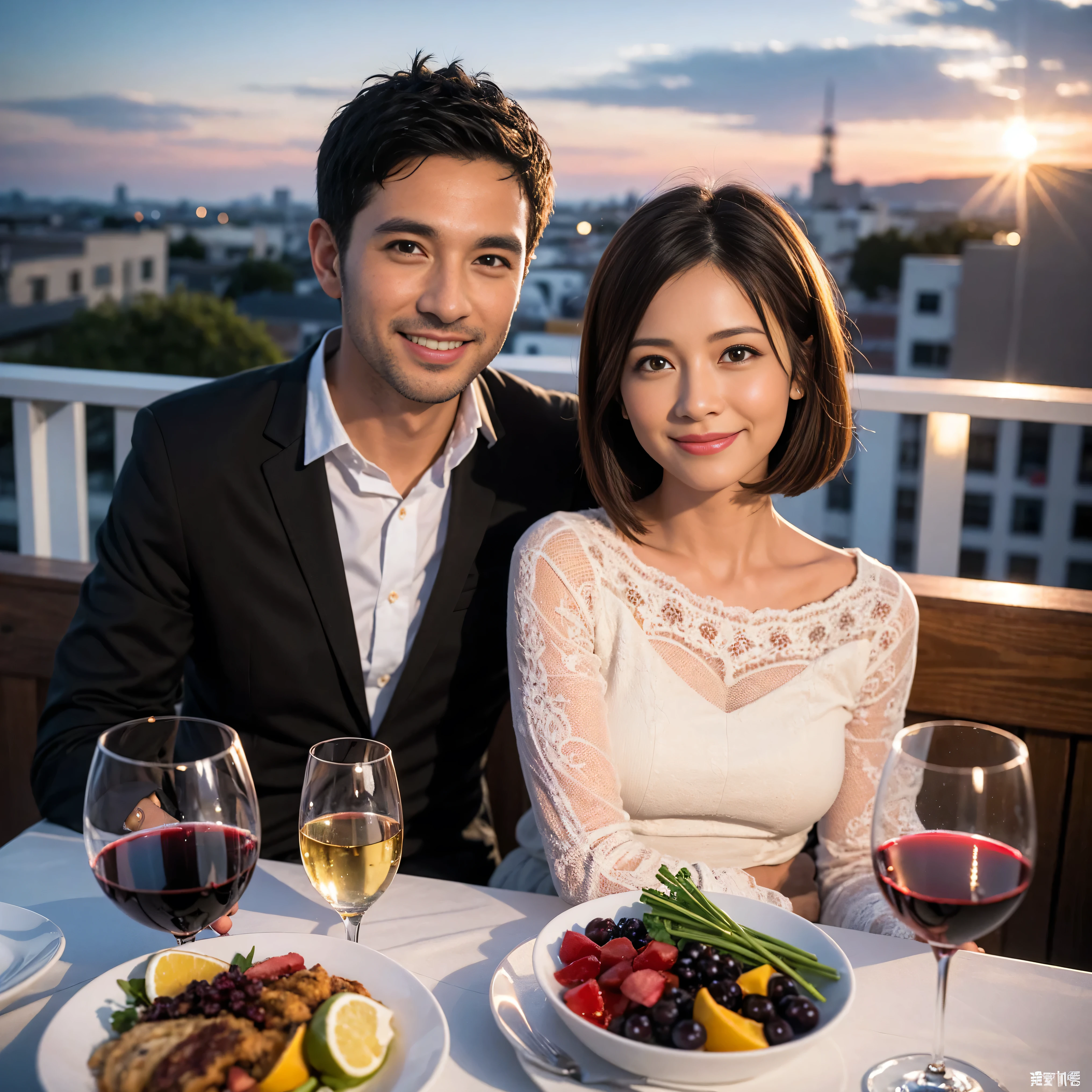 ((highest quality、8k、masterpiece:1.3))、 (Genuineistic, Genuine、Bright image、Intricate details:1.2), 1 male、1 female、Kimura Fumino-like beautiful Couple、spouse、Couple、spouse、Beautiful Couple、Smile、full-course dinner、 (Slim face), (The body is slim), (Brown Hair), (short hair), Wine glass on the table、Please shine a light on my face、 Amazing view of the sunset sky and clouds、 (Age 35), 39 years old, red wine 、Appetizers、Wine bottle、sparkling wine、Long sleeve shirt、dress、White wine, red wine, wine glass,