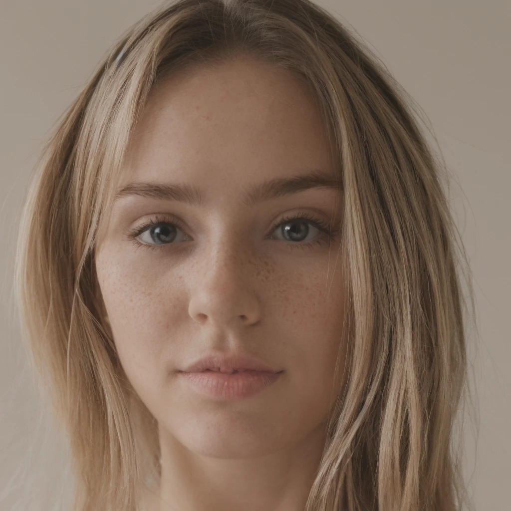 A portrait of a cute 18-year-old girl who looks both cute and gorgeous with an innocent expression. She has freckles, small lips, and big eyes. Her blonde hair is long, framing her slim face perfectly. Her complexion is soft and glowing, enhancing her youthful and innocent look. The background is softly blurred to keep the focus on her charming features.