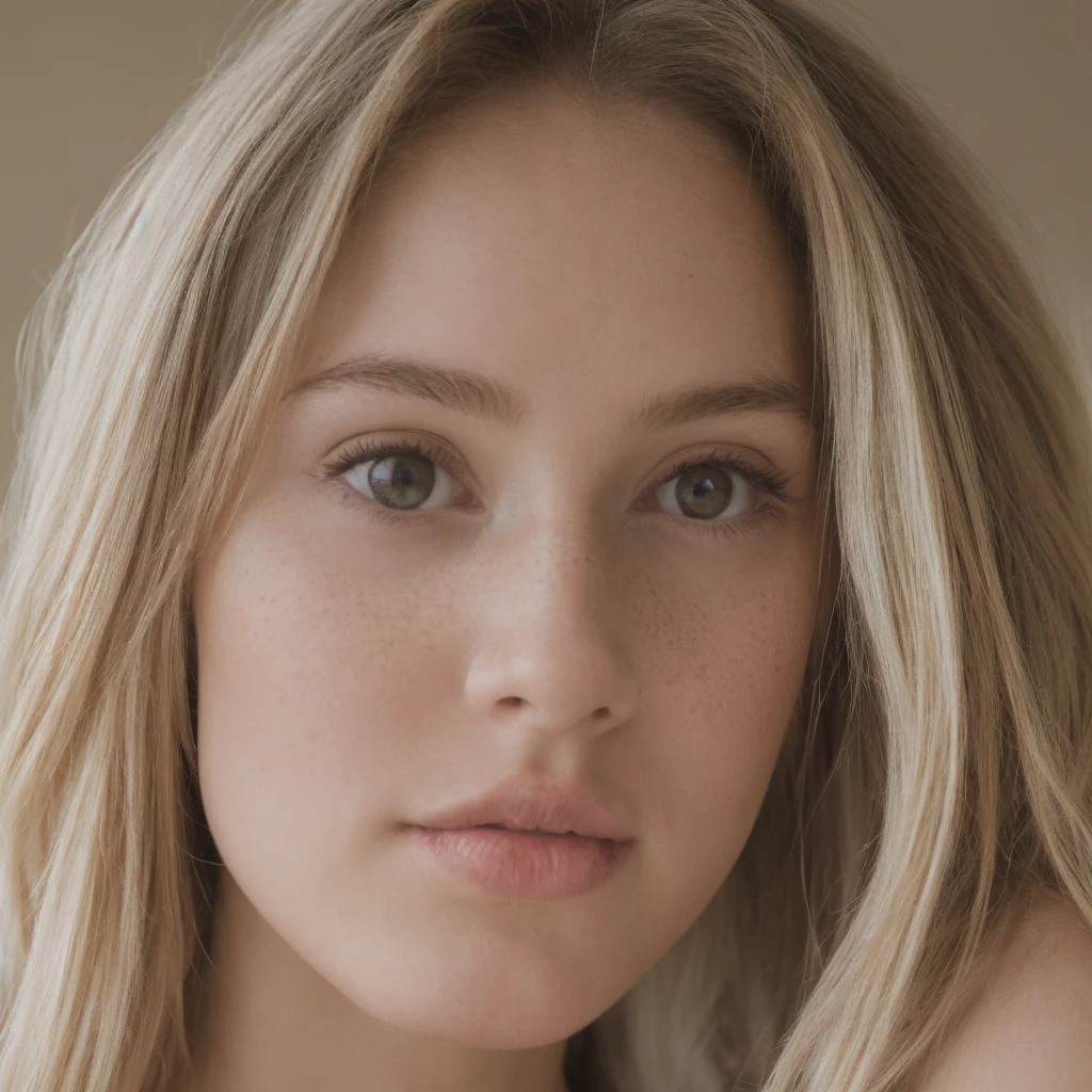 A portrait of a cute 18-year-old girl who looks both cute and gorgeous with an innocent expression. She has freckles, small lips, and big eyes. Her blonde hair is long, framing her slim face perfectly. Her complexion is soft and glowing, enhancing her youthful and innocent look. The background is softly blurred to keep the focus on her charming features.