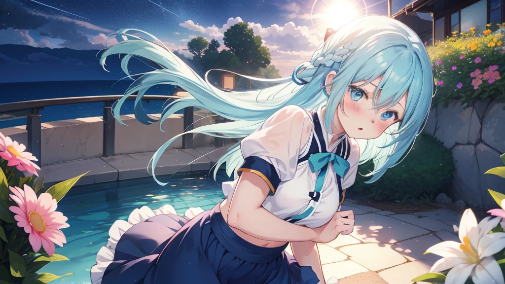 realistic, Aqua Konosuba, light blue hair, blue eyes, bright eyes, cropped top, skirt, parted lips, blush, night, flowers, sun, sunlight.