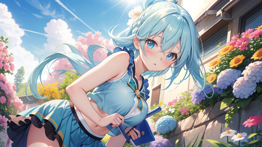 realistic, Aqua Konosuba, light blue hair, blue eyes, bright eyes, cropped top, skirt, parted lips, blush, night, flowers, sun, sunlight.