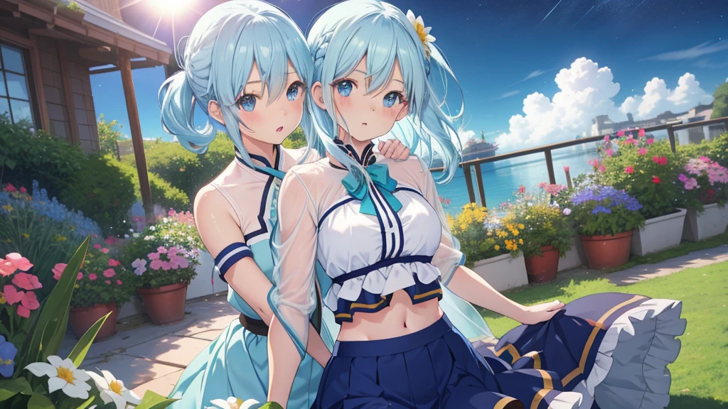 realistic, Aqua Konosuba, light blue hair, blue eyes, bright eyes, cropped top, skirt, parted lips, blush, night, flowers, sun, sunlight.