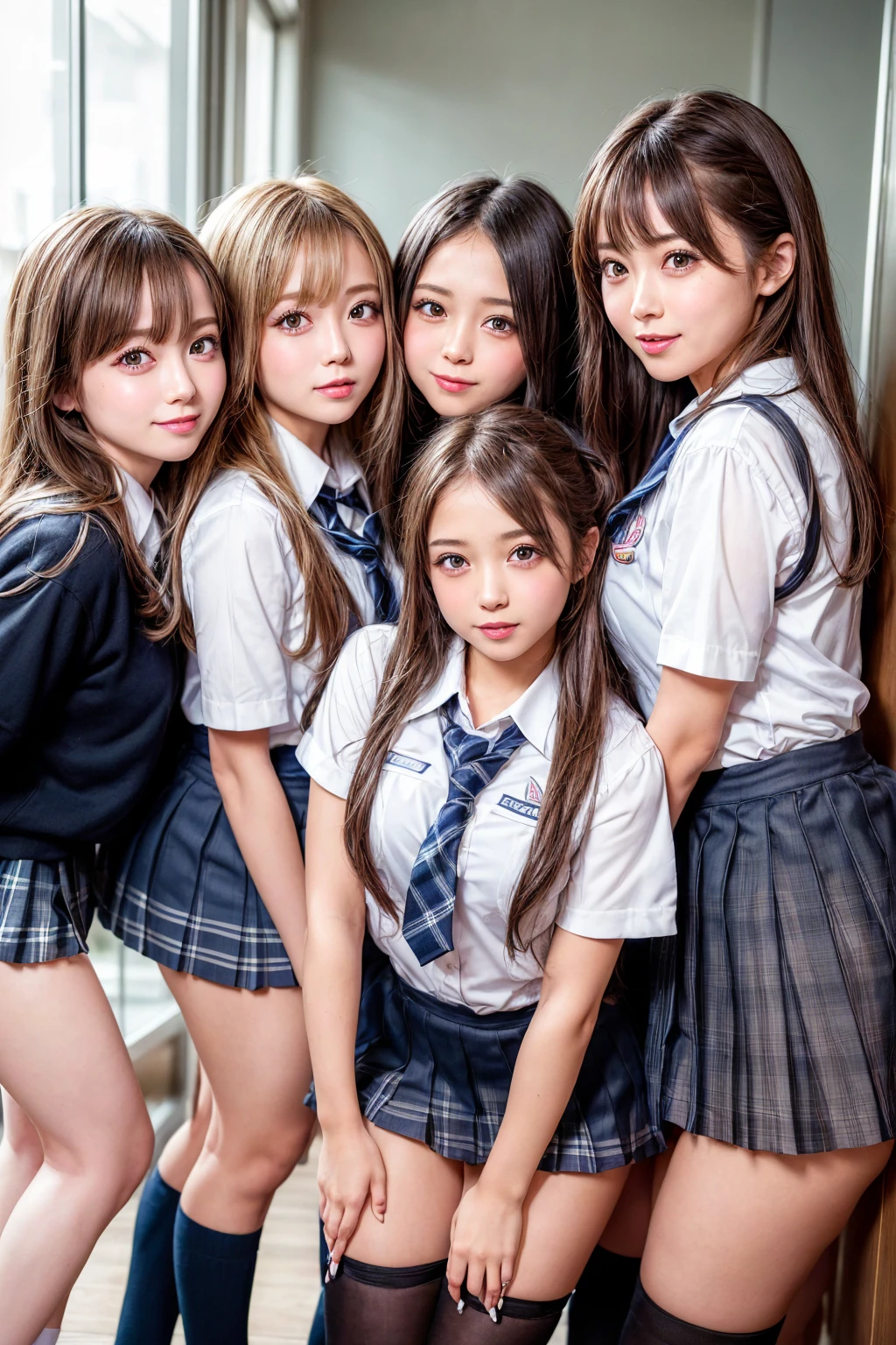 nude,フルnude,Browsing Caution, ((masterpiece)), ((highest quality)), (Very detailed), ((cute)), cute, (Multi-point), ((sexy)), (device), ((Very detailed)), 4K, (8k), highest quality, (beautiful), hyper cute face, shape, Anime Style,hyper Genuineistic, Genuine, Dynamic Angle, ((whole body)), close, Thick outline, Clear contours, at school, (Three Girls, 3 cute girls:1.5), (Schoolgirl uniform :1.5), beautiful light brown hair, beautiful brown eyes, ((beautiful eyes)), (Leaning forward:1.5), short hair, Big Breasts, smile